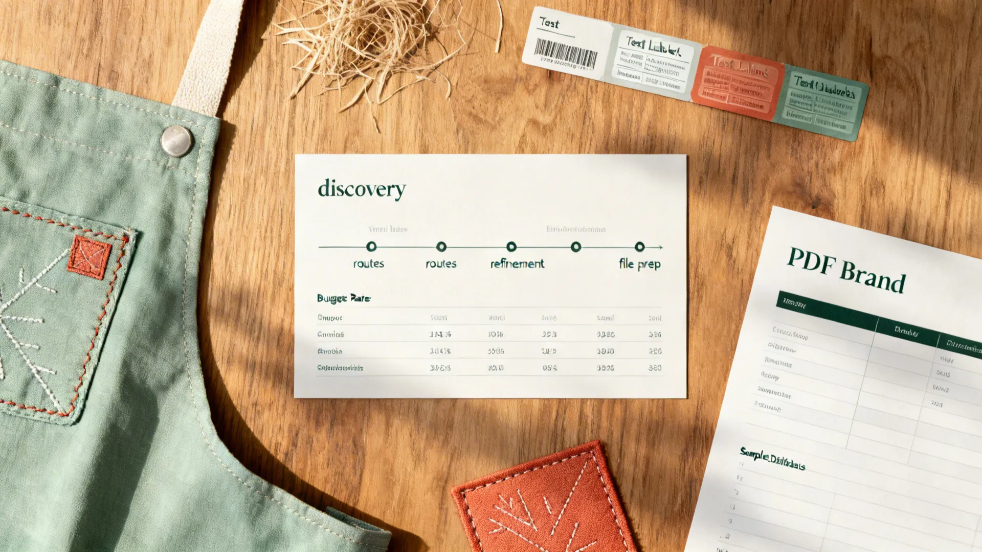 Top-down view of a timeline and budget cards with logo deliverables.