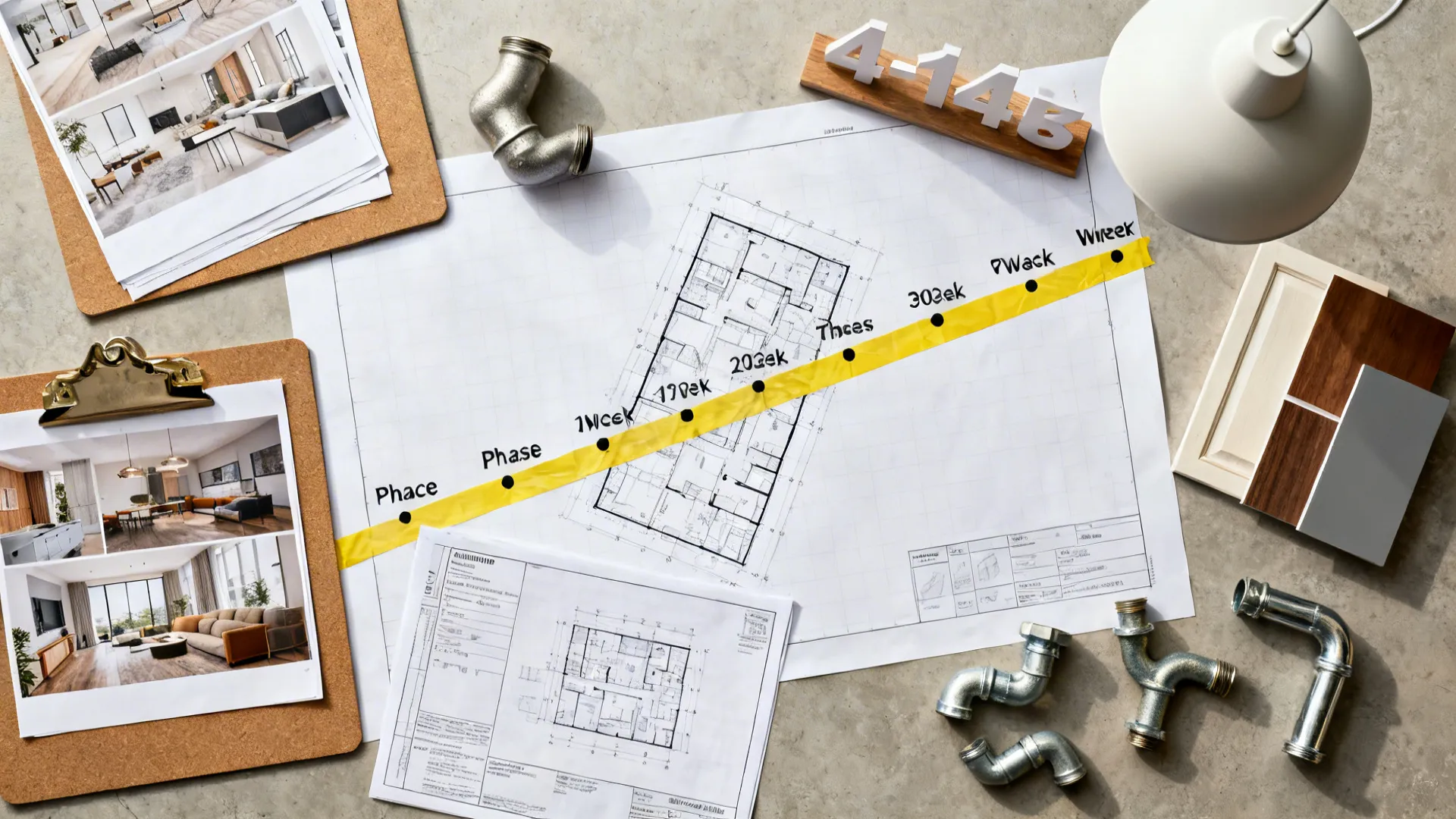 Top-down vignette of design boards, permits, samples, and fixtures representing an open plan renovation timeline.