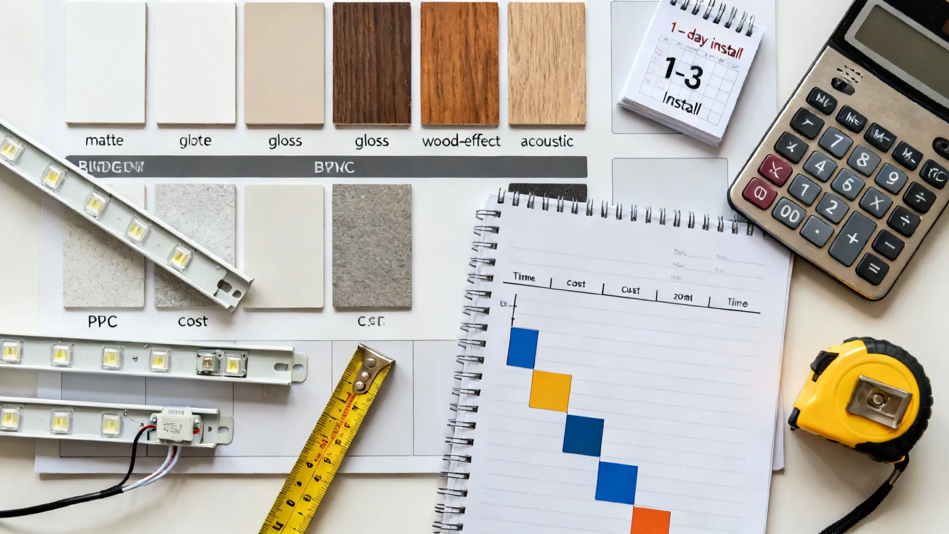 Overhead view of PVC and lighting samples with tools and a simple budgeting timeline layout.
