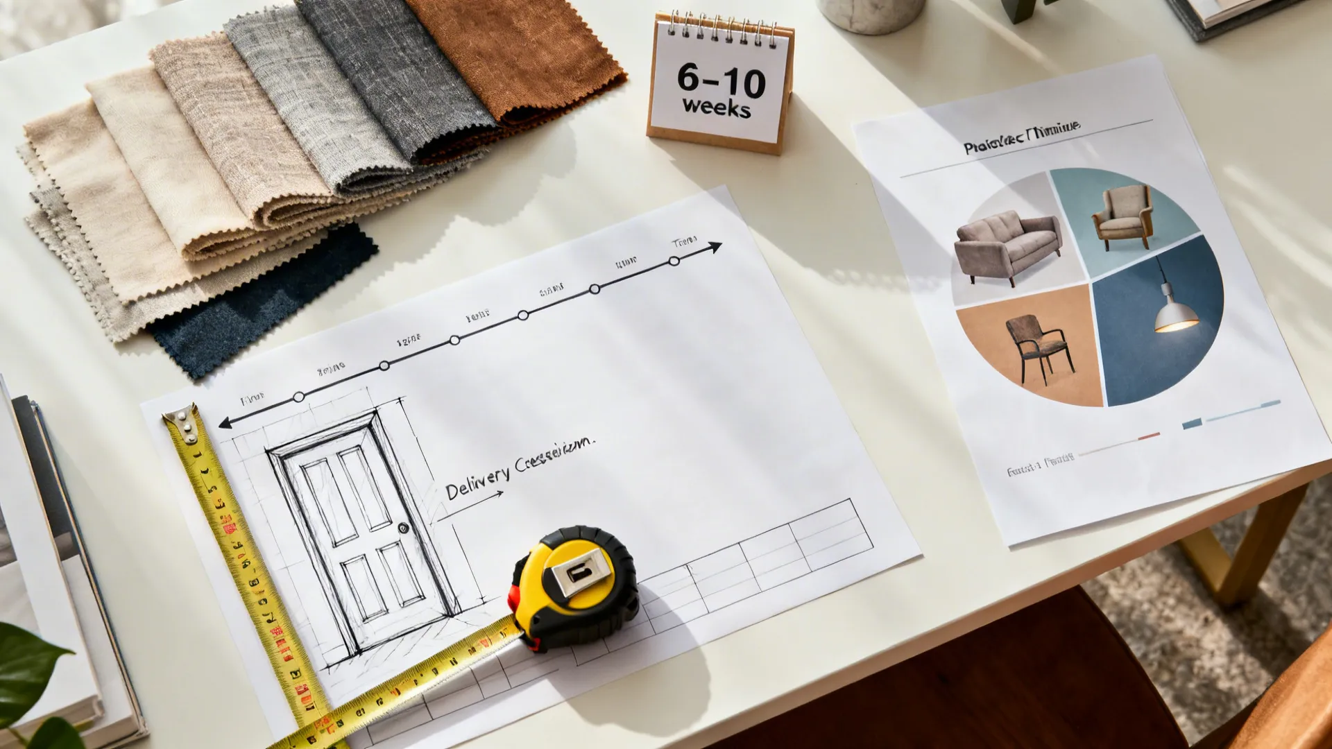 Top-down desk scene with swatches, calendar, tape measure, and objects symbolizing a seating budget plan.