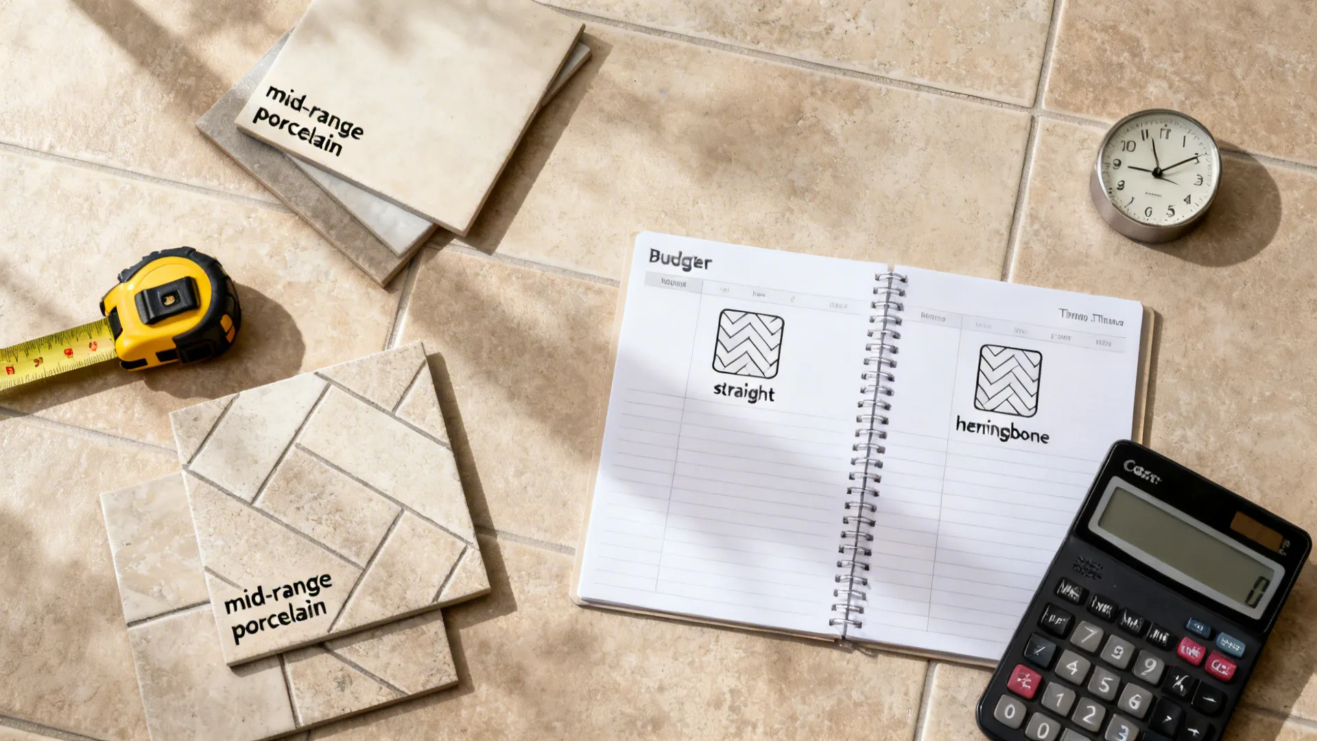 Top-down planner with tile samples, calculator, tape, and a clock on warm greige tiles.