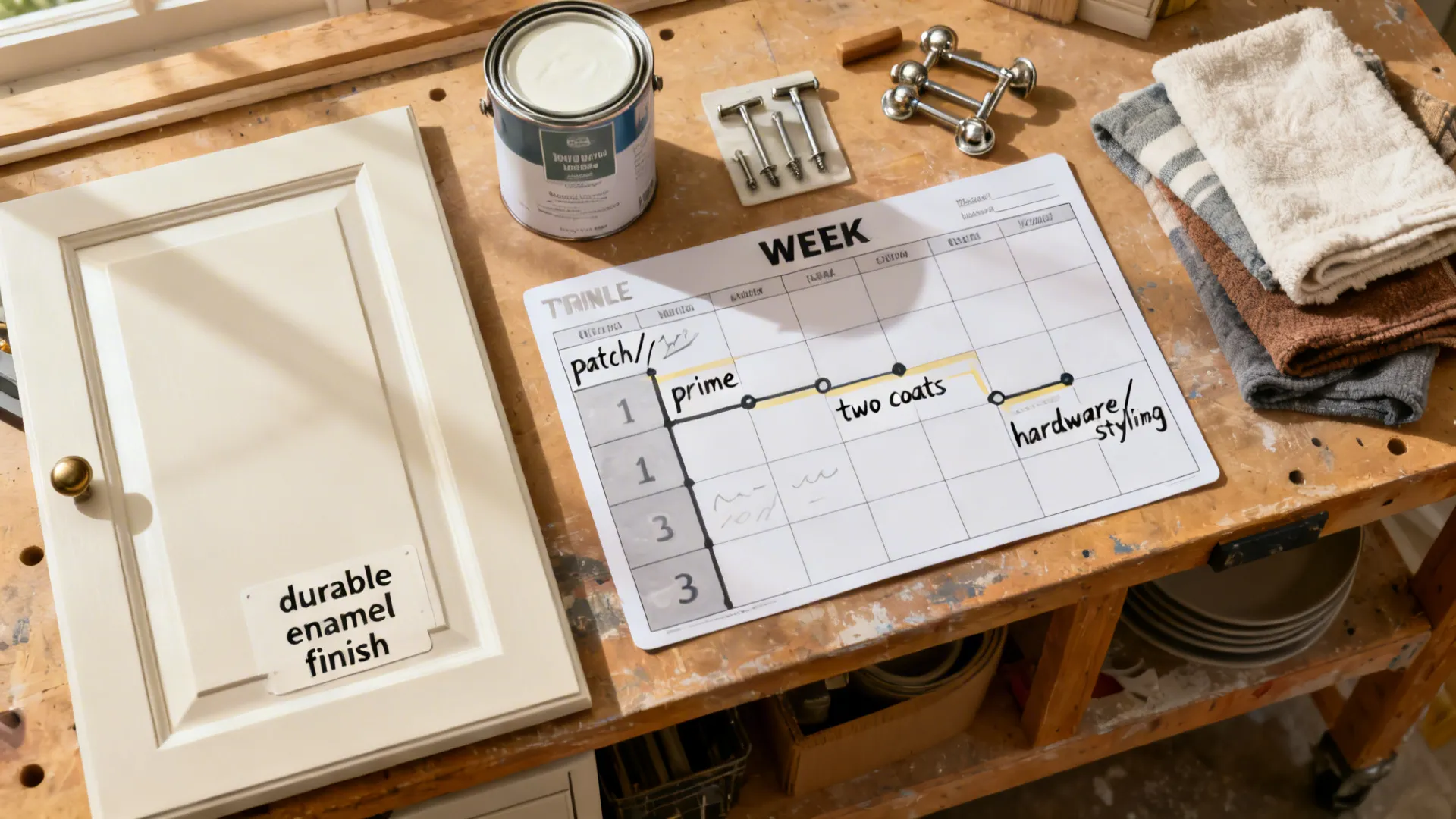 Top-down view of cabinet enamel, wall paint, hardware, textiles, and a simple three-week upgrade plan.