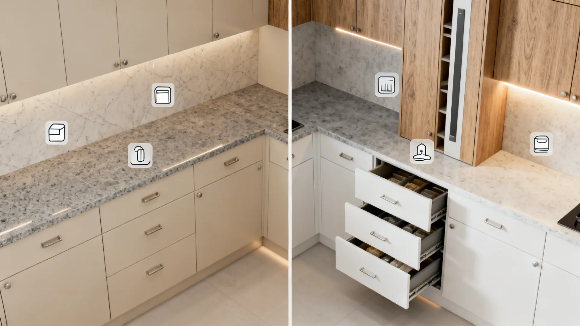 Comparison of kitchen cabinet designs featuring marble countertops, wood accents, and open storage drawer units