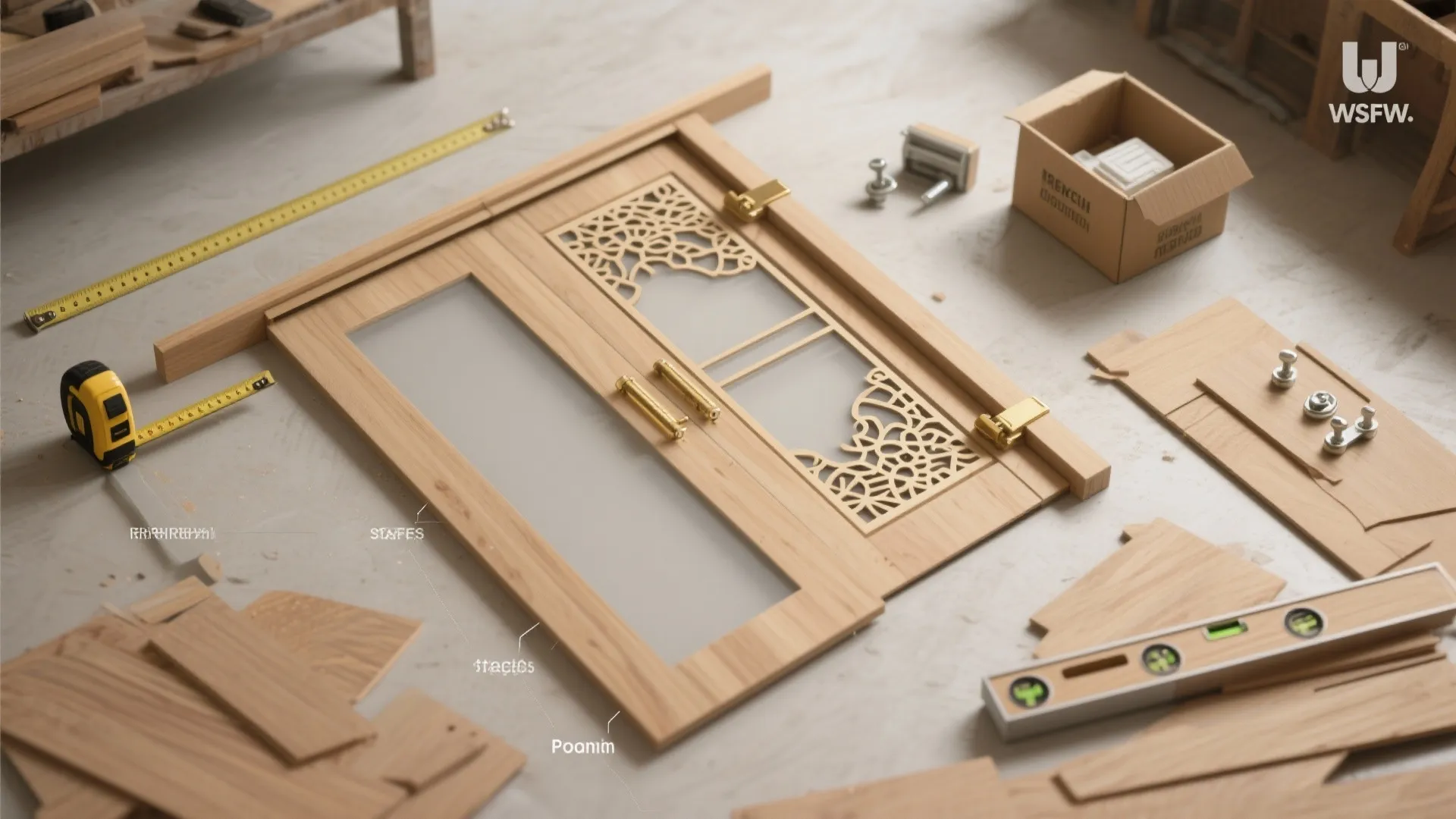 Wooden cabinet door assembly with measuring tape level tool hardware parts and decorative wood panel pieces