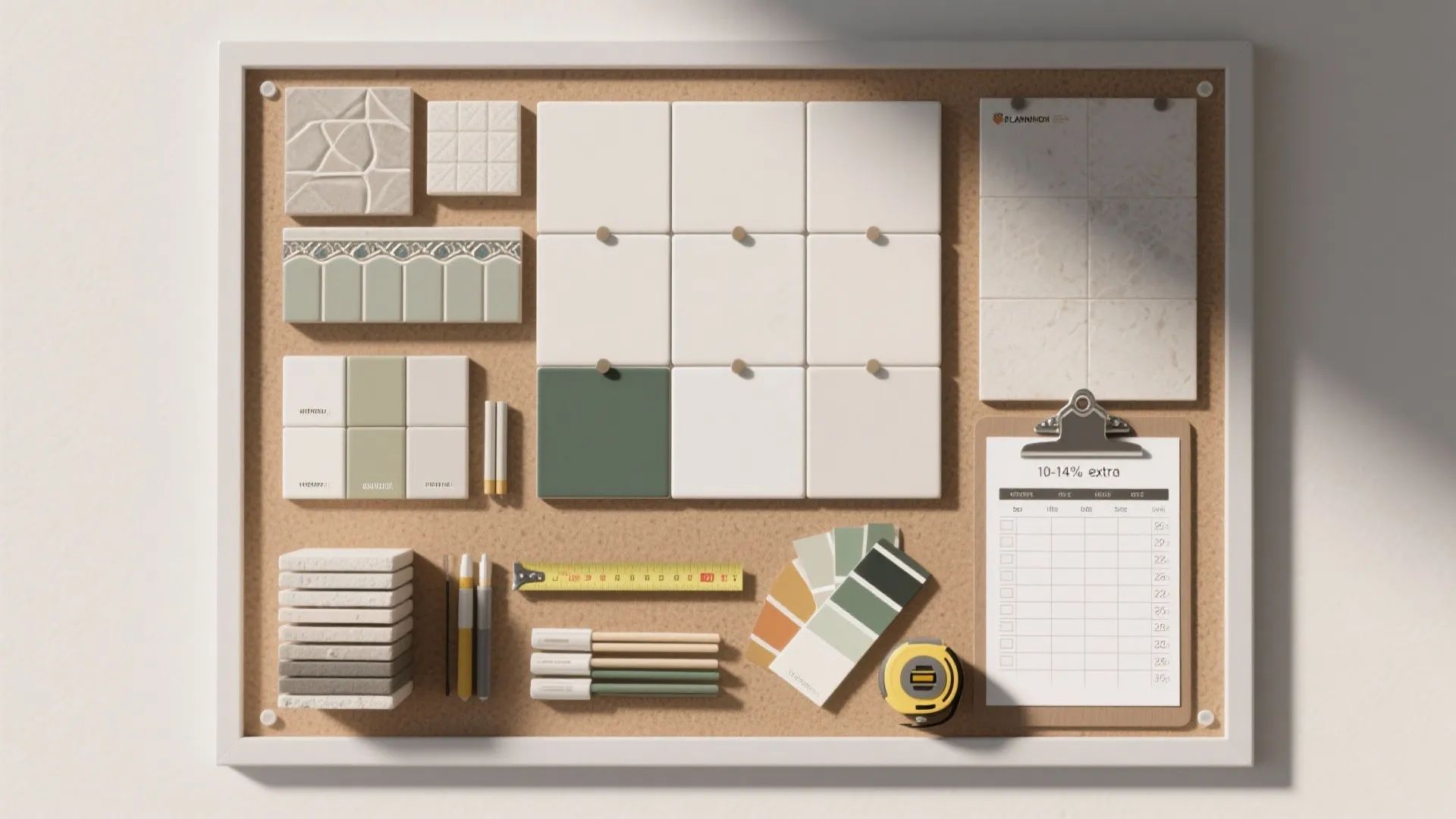 Interior design mood board with tiles color swatches tape measure and project planning paper board