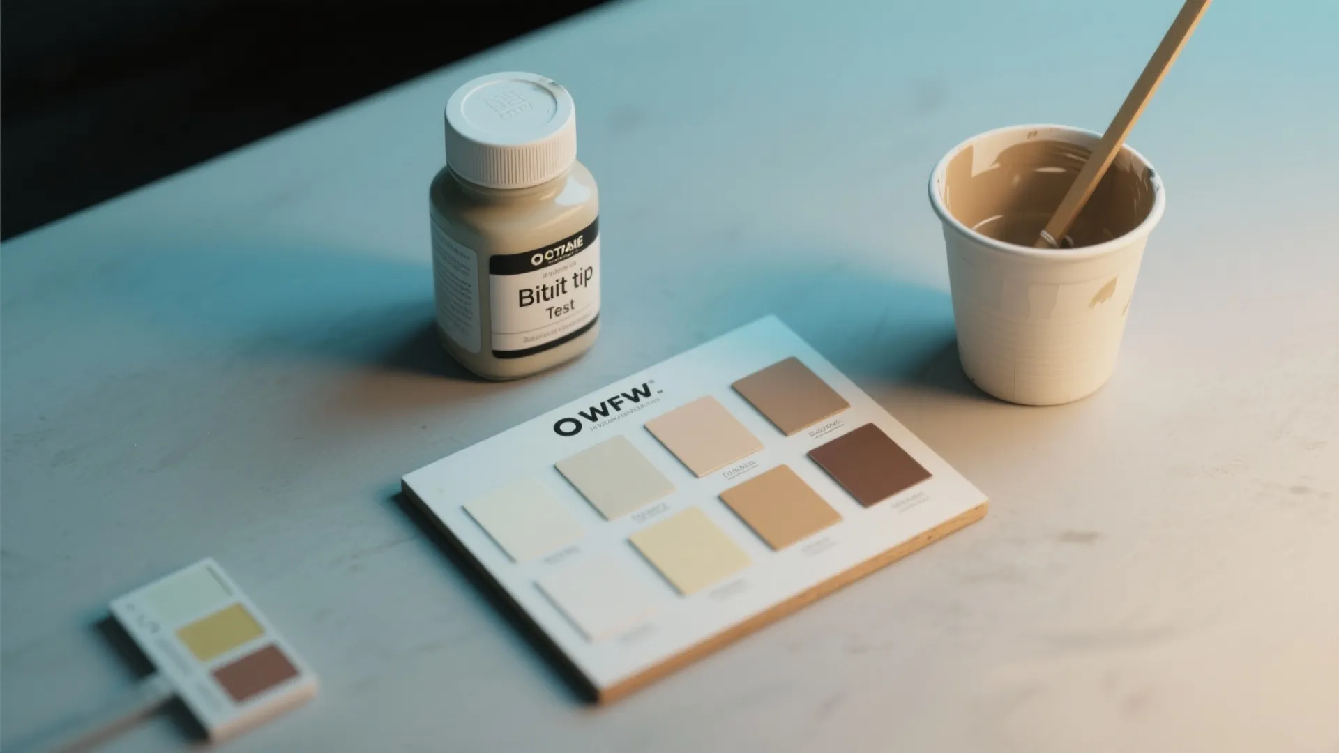 Paint color samples with small bottle and plastic cup showing different neutral shades for walls