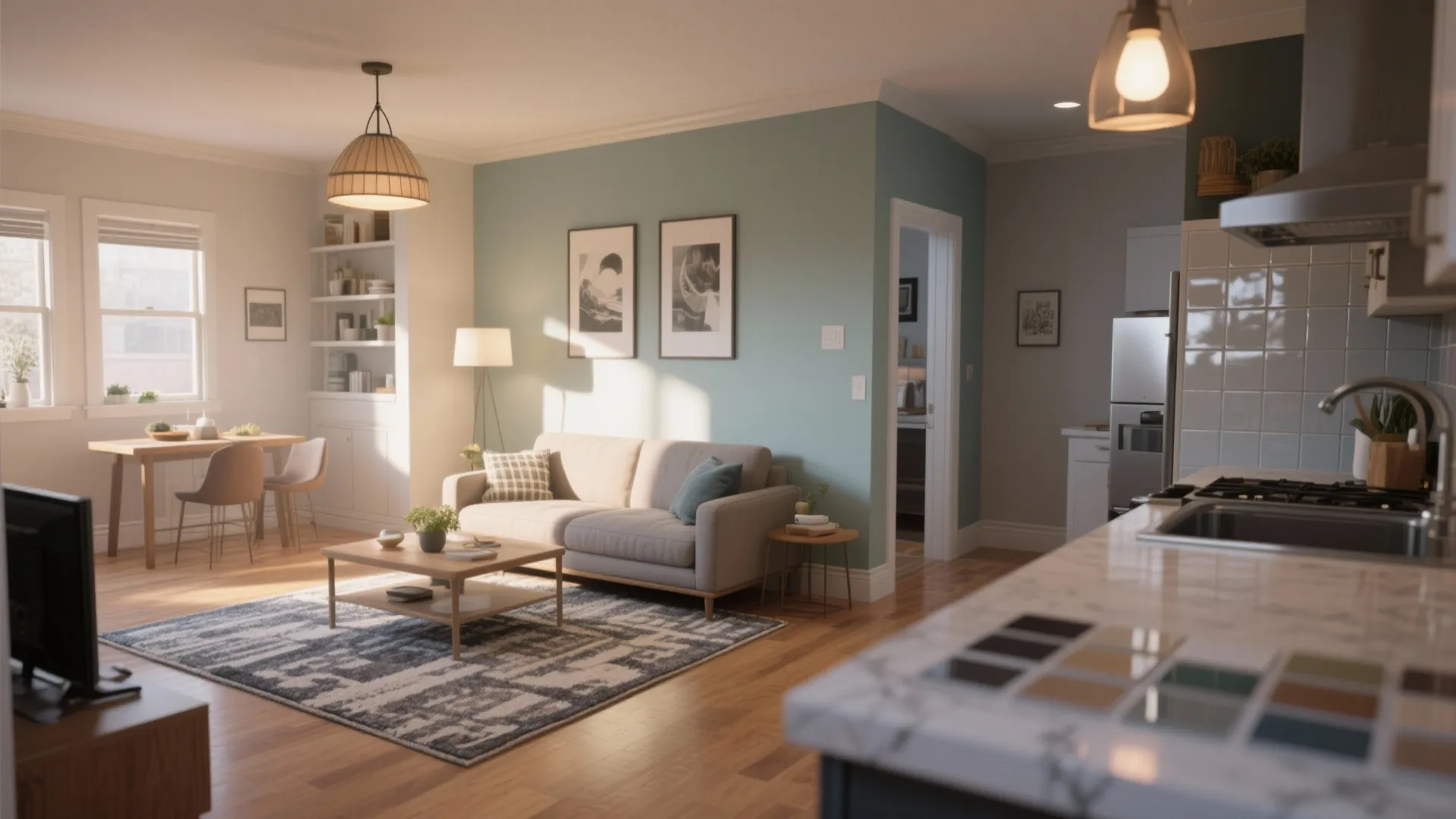 Living room with blue wall sofa coffee table rug dining table and kitchen counter samples