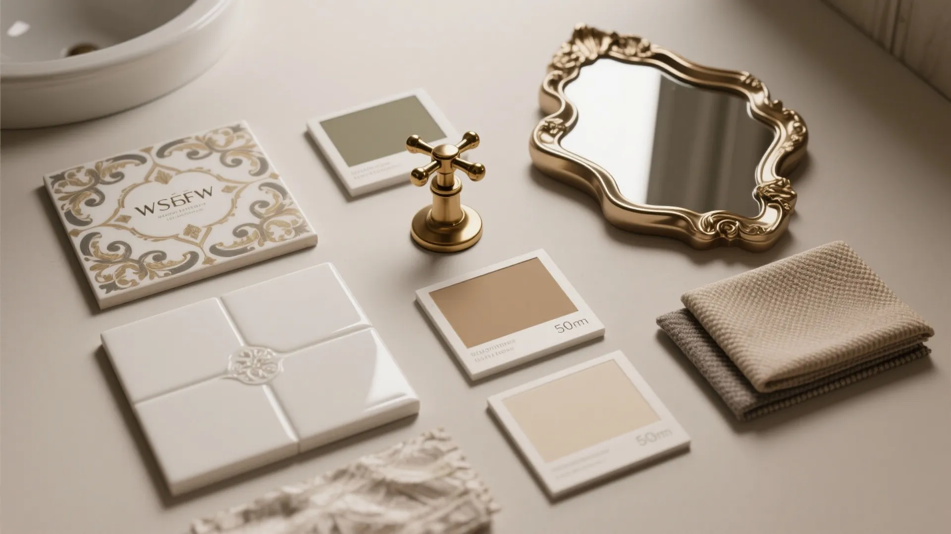 Bathroom design mood board with gold mirror and tap samples plus tiles and fabric swatches