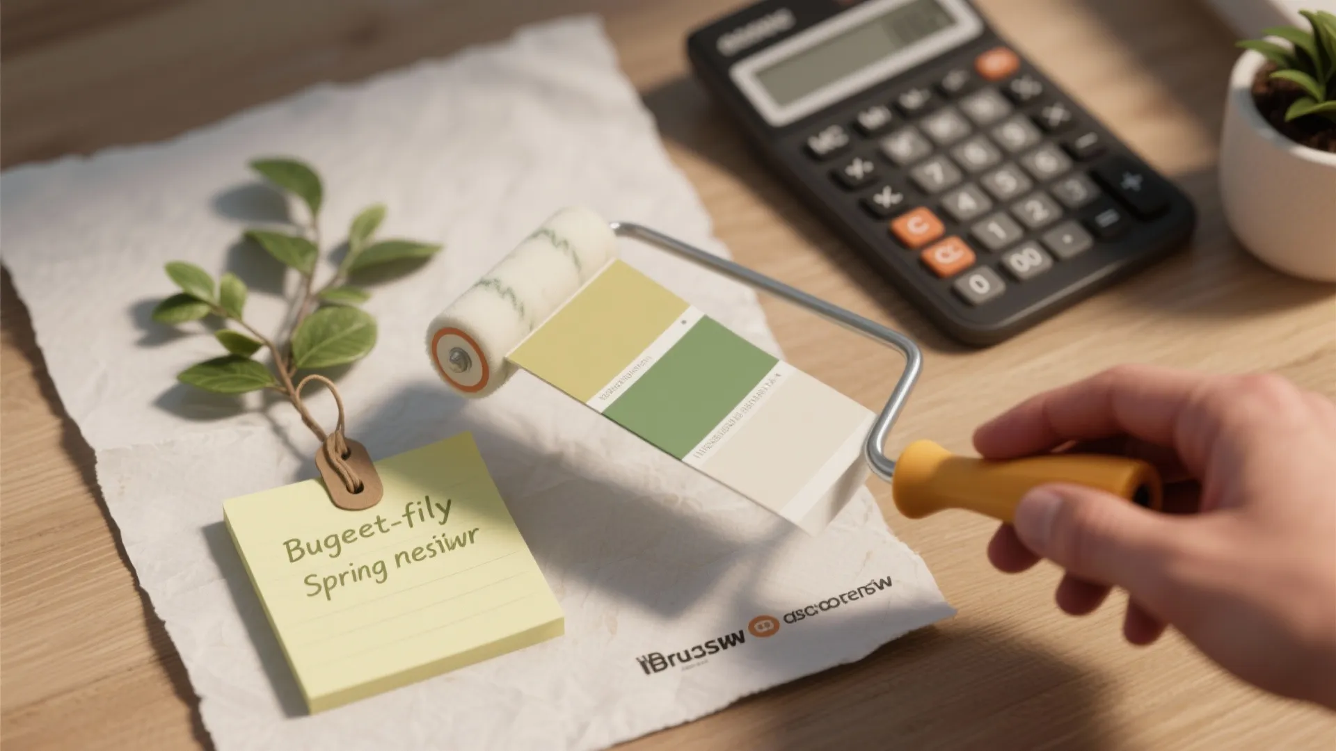 Close-up of paint swatch, roller and calculator showing a modest budget for a spring refresh.