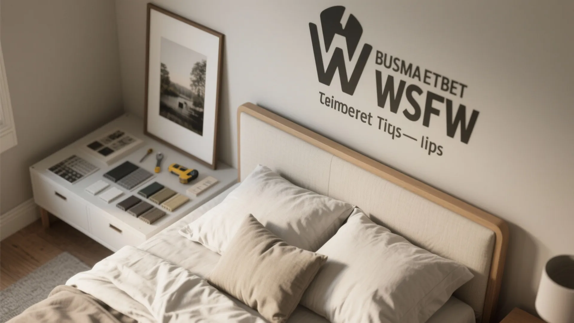 Bedroom interior showing material samples and tools on a side cabinet for home renovation planning