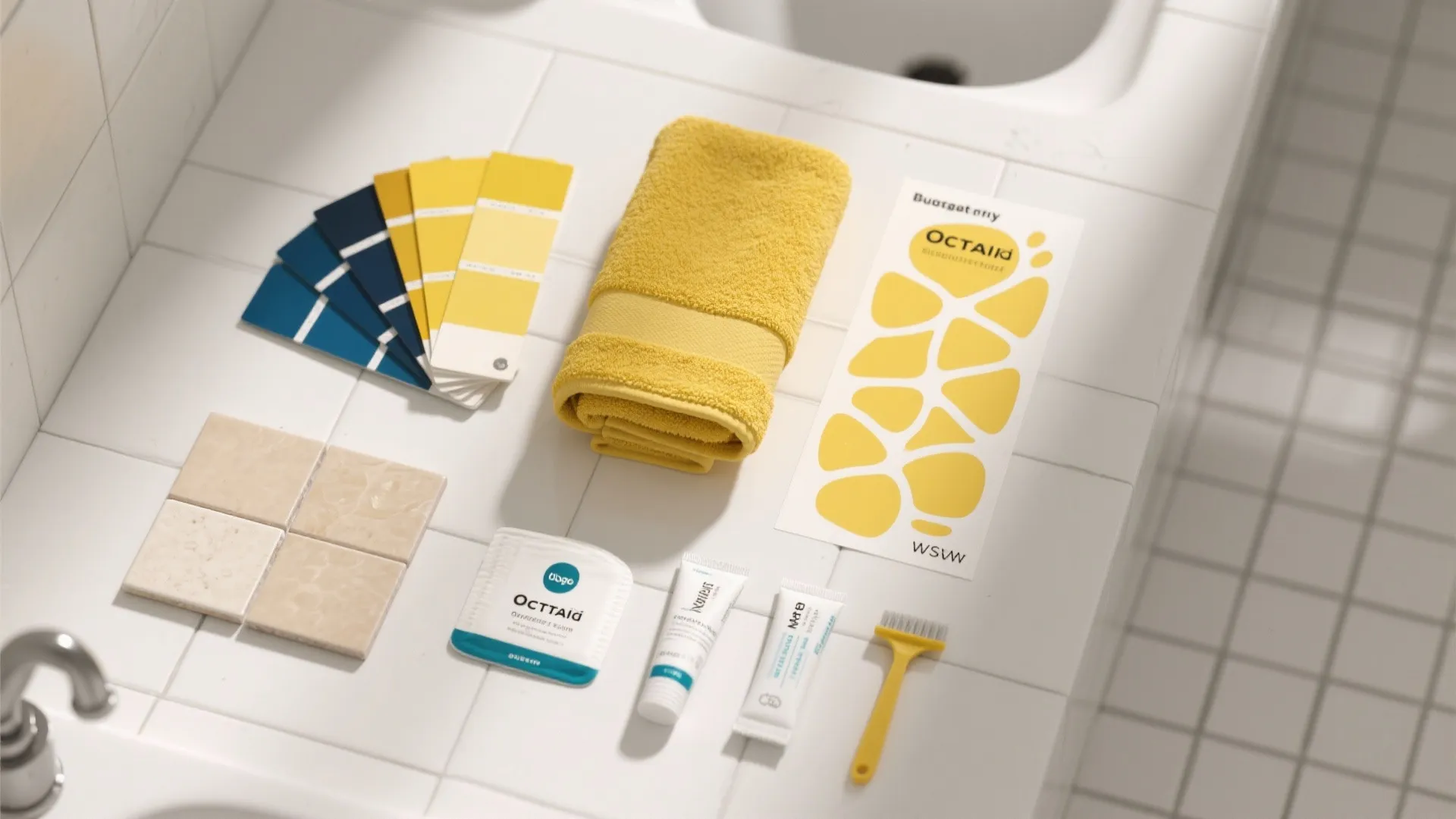 Flatlay of budget-friendly items: navy and yellow paint swatches, a towel, and removable decals for a themed bathroom refresh.