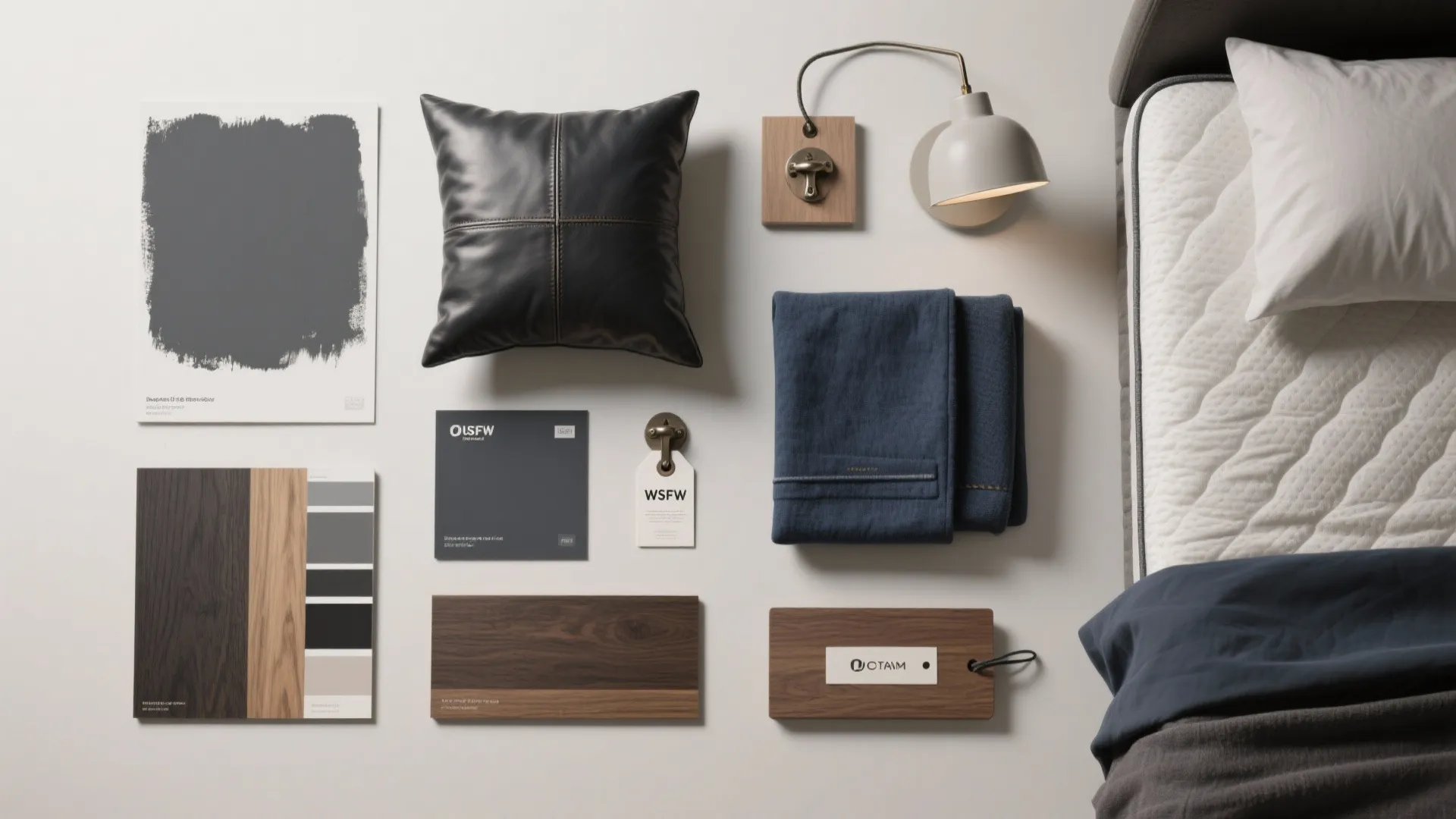 Flatlay of budget-friendly design swatches and materials for a masculine bedroom