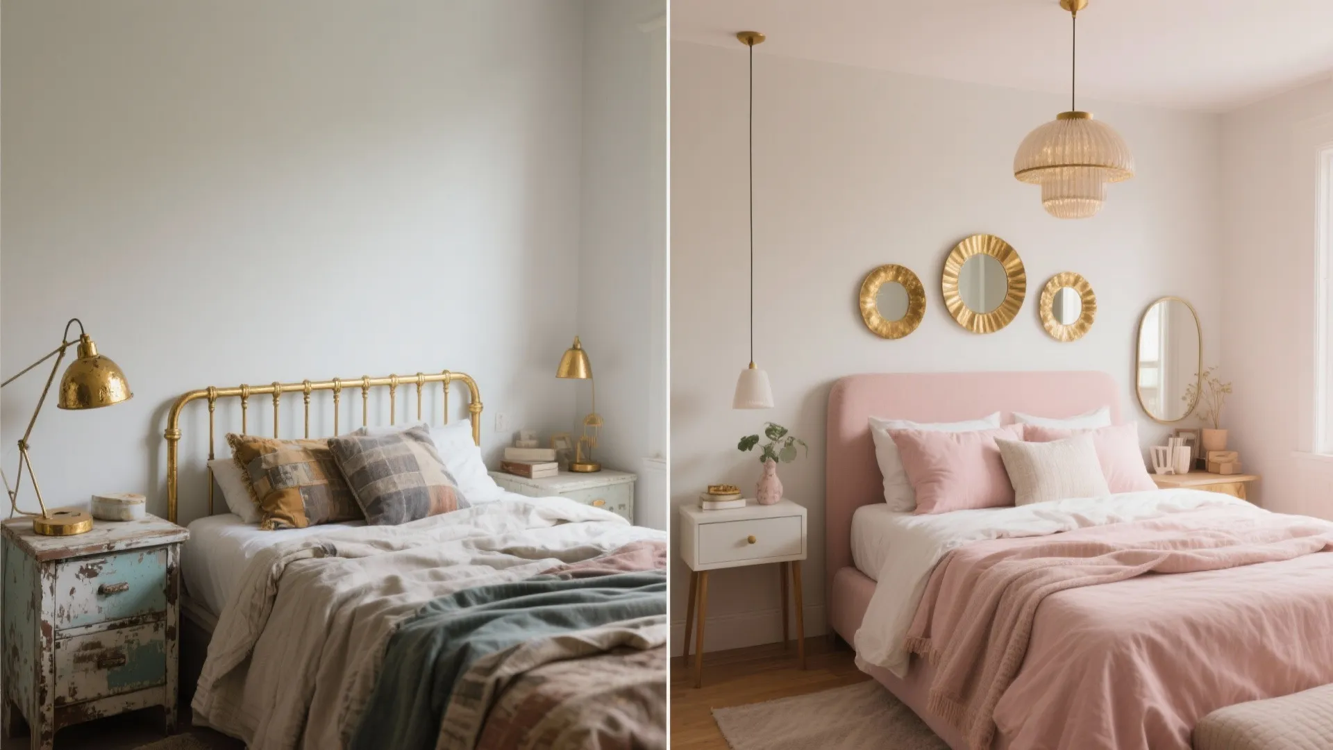 Comparison of a rustic bedroom with brass bed and a modern bedroom with pink bed