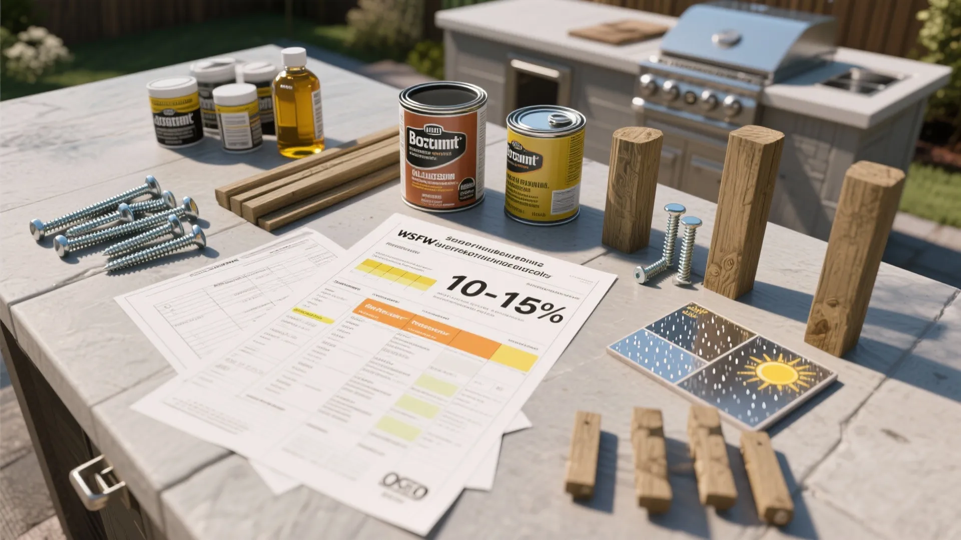 Top-down view of budget planning materials and finishing supplies for an outdoor kitchen with sample test panels.