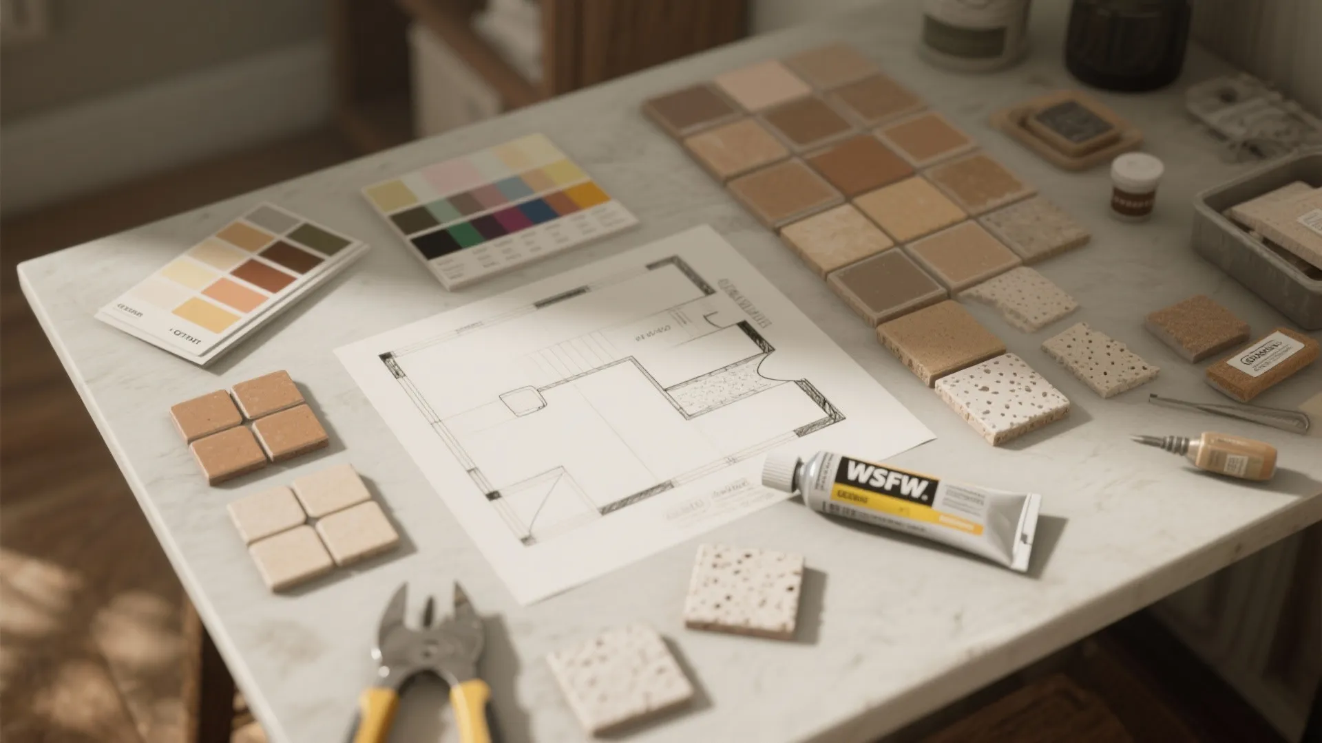 Interior design workspace with floor plan drawing, color swatches, stone tiles, and home renovation tools