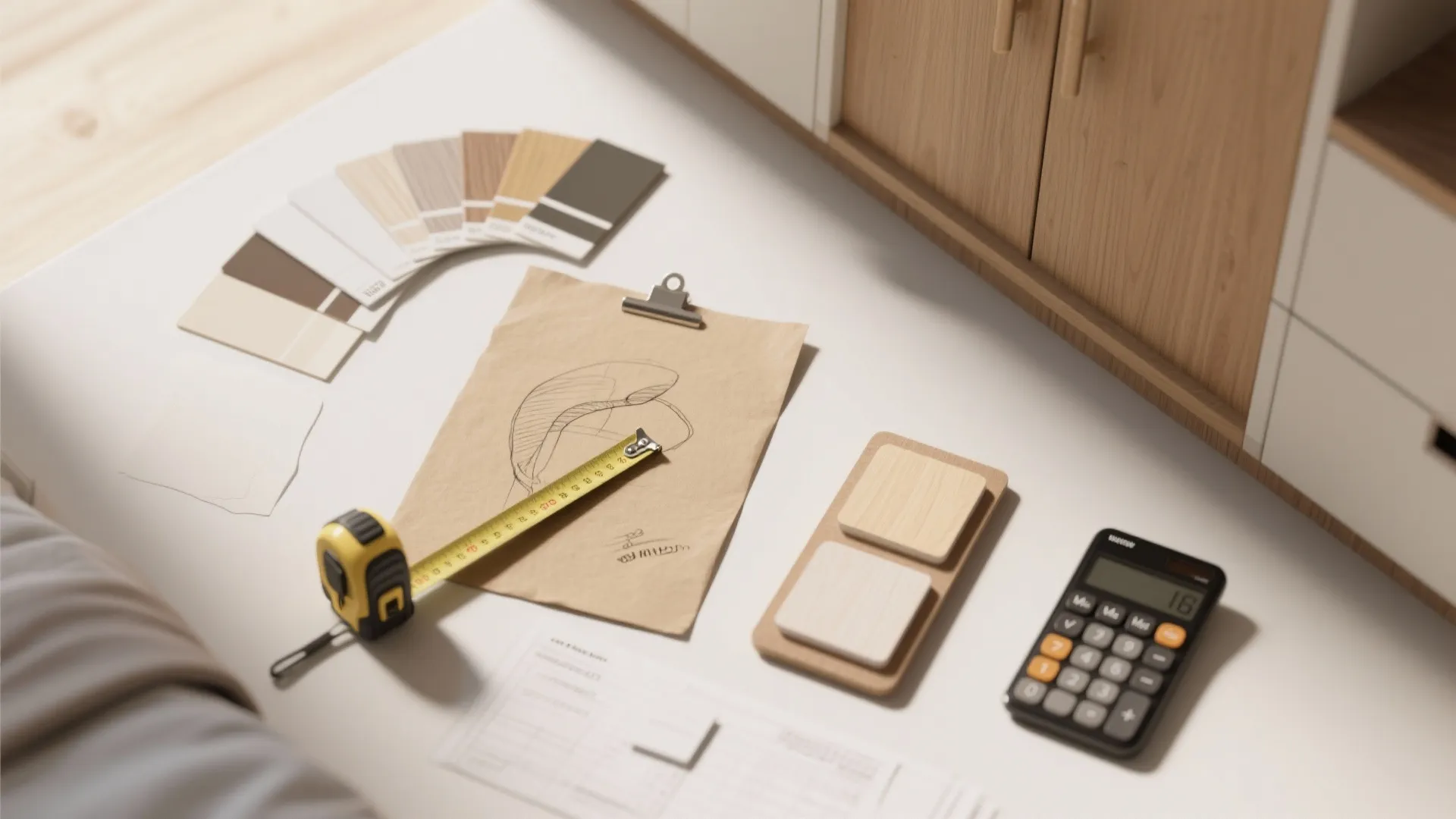 Interior design planning tools with a measuring tape calculator color samples and a hand drawing