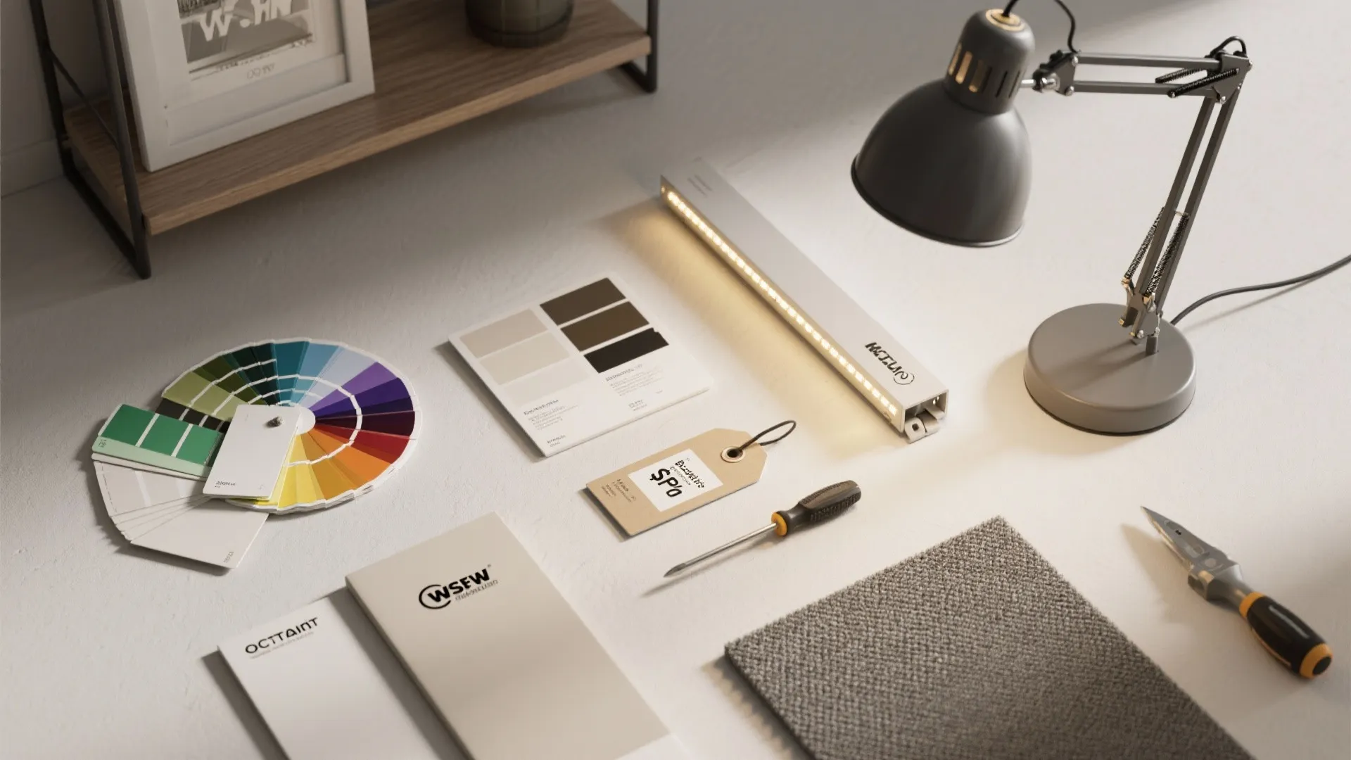 Interior design materials including color swatches fabric samples desk lamp and small tools on table