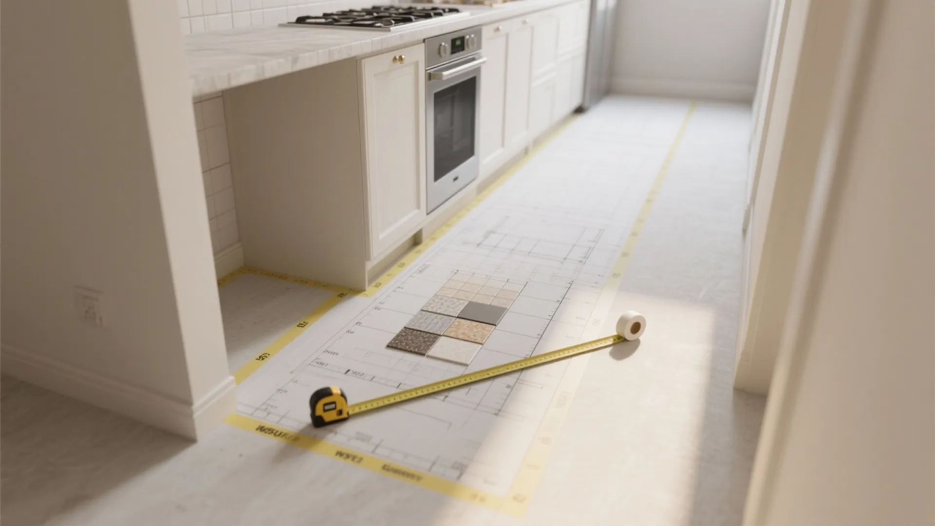 Kitchen floor layout with yellow tape measuring tape and stone tile samples on white flooring
