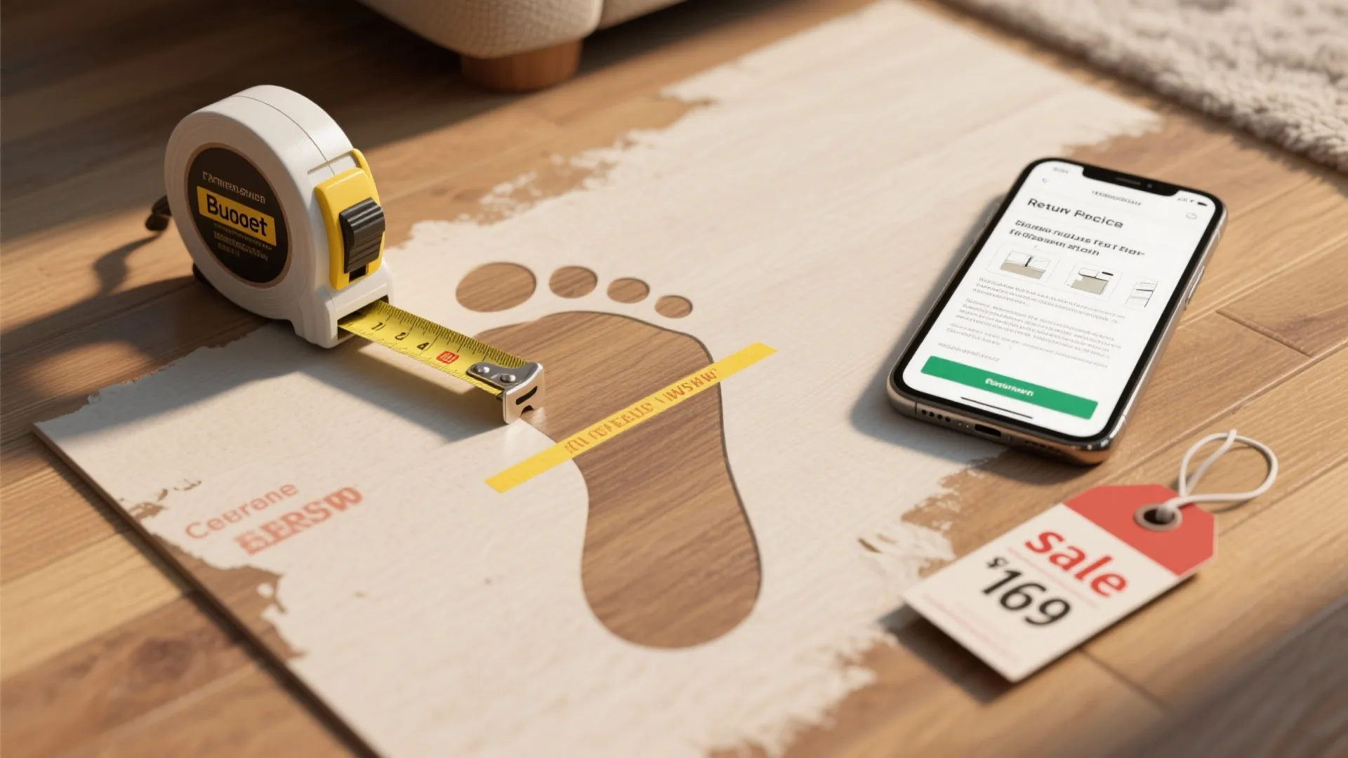 Flatlay with painter's tape marking a recliner footprint, tape measure and sale tag illustrating budget and DIY tips.