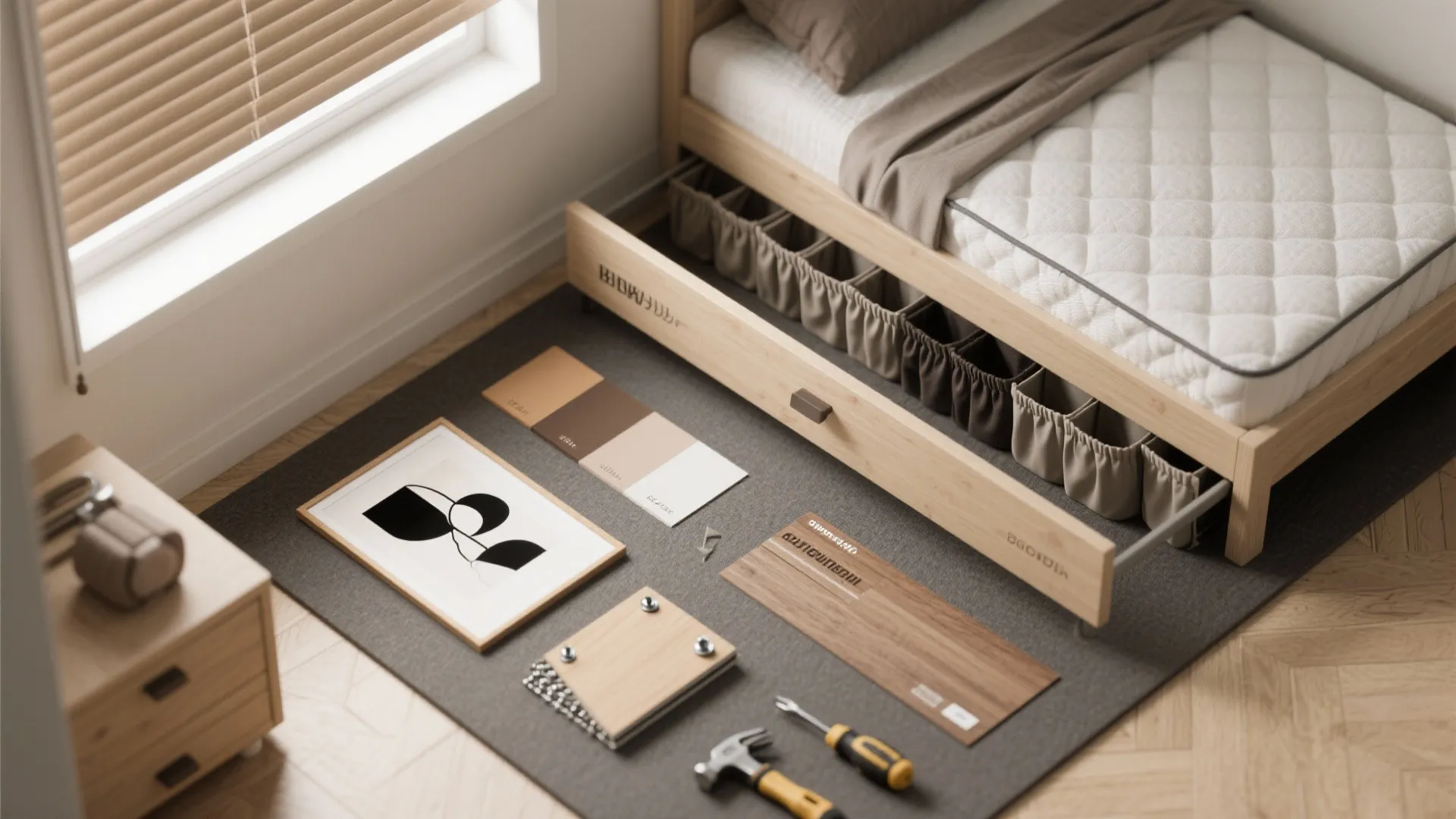 Wooden bed with storage drawer next to tools color samples and window with wood blinds