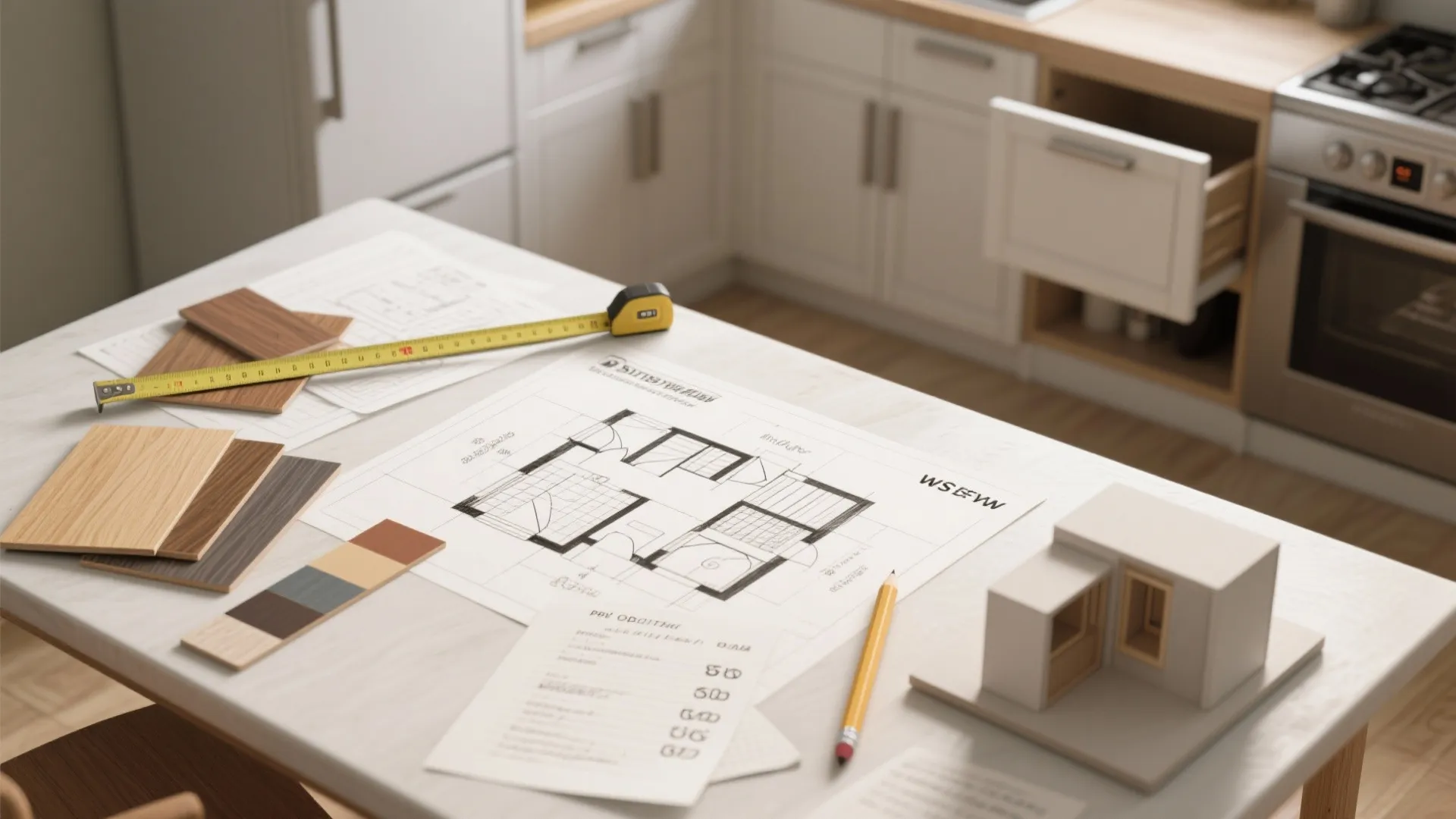 Interior design floor plan on a table with measuring tape wood samples and small model