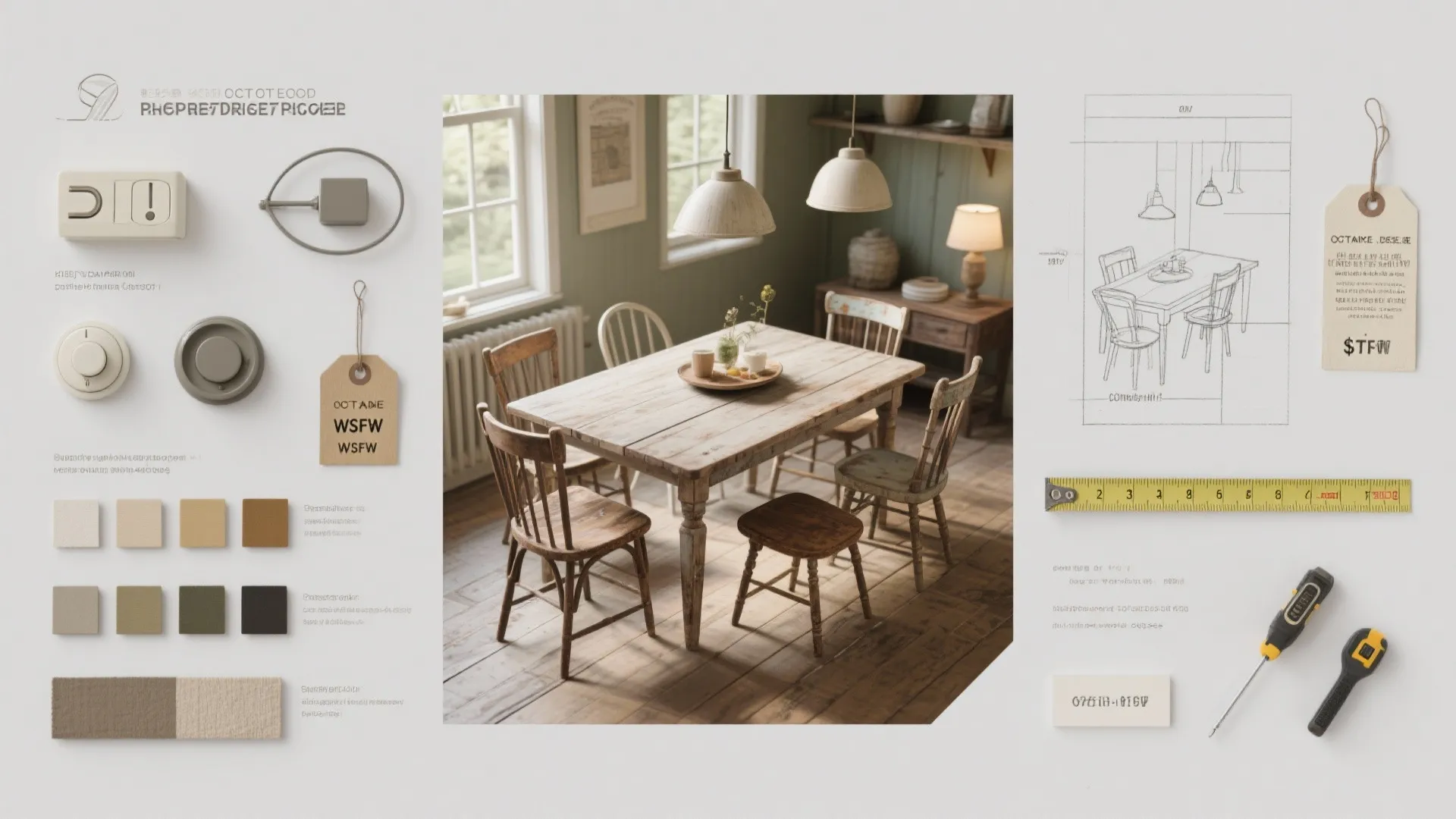 Top-down layout of budget tips: statement table, secondhand chair options, lighting swatches, measuring tape and sketches.
