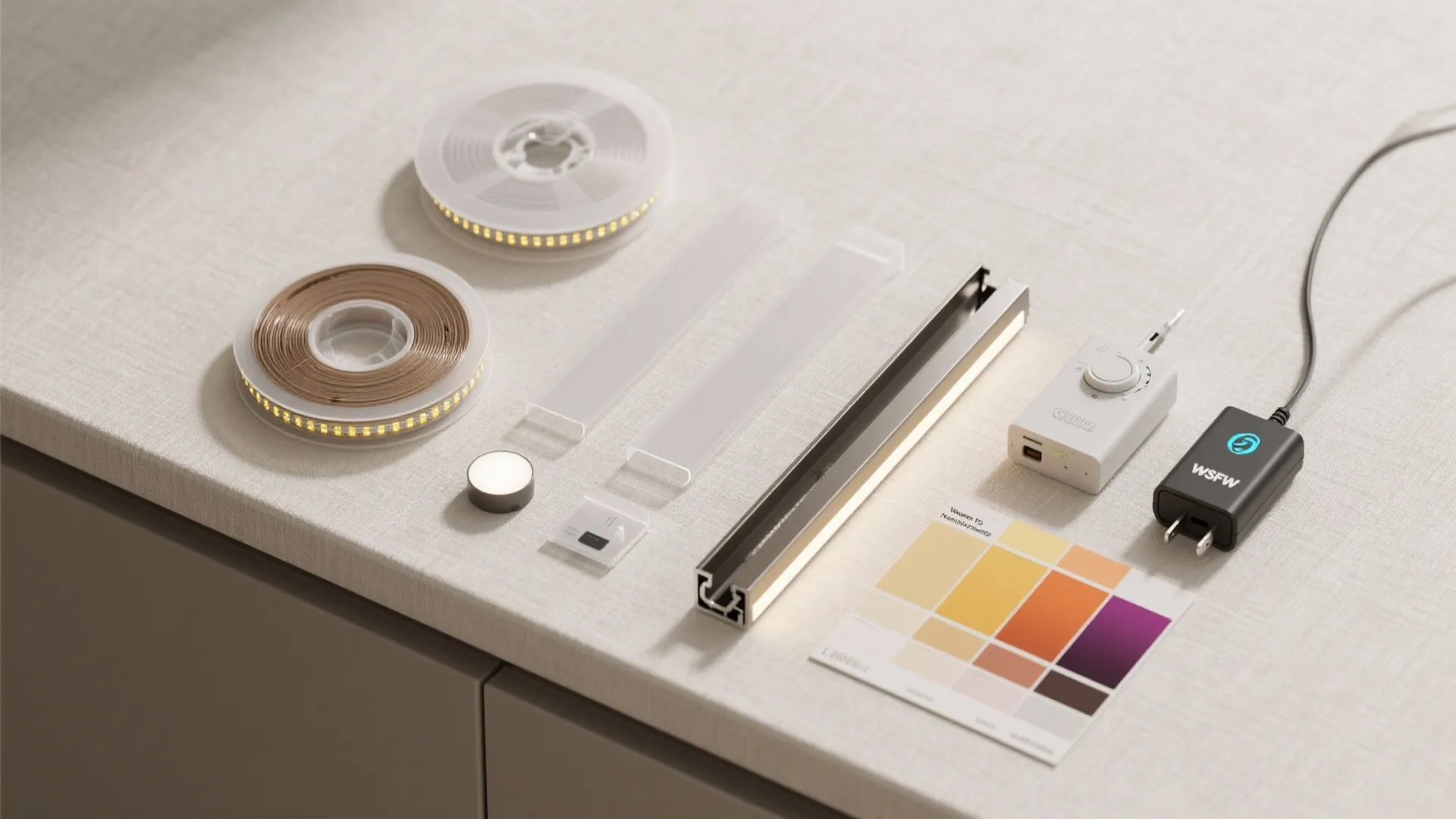 Collection of light strips with power adapter and color swatches on a white textured surface