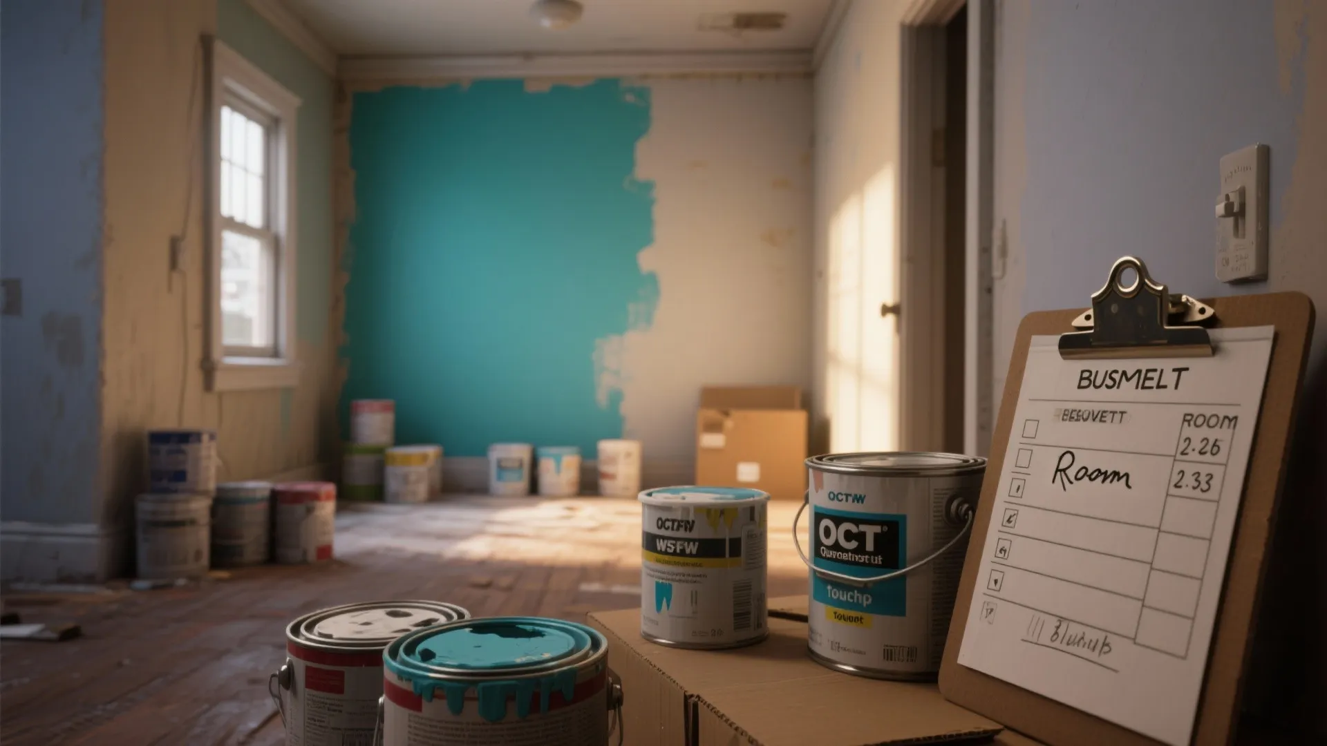 Interior room being painted blue with several paint cans and a budget checklist on clipboard