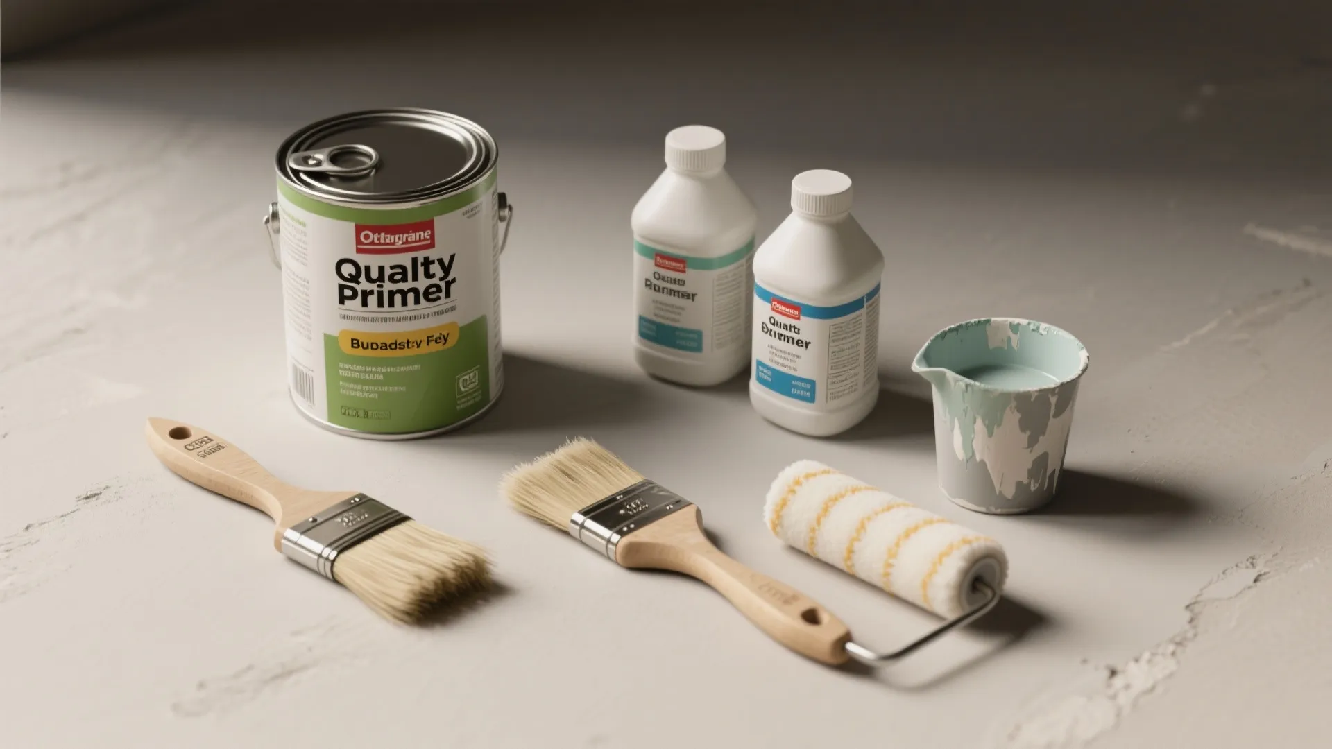 A paint can, two brushes, a roller, and small bottles for a home renovation project
