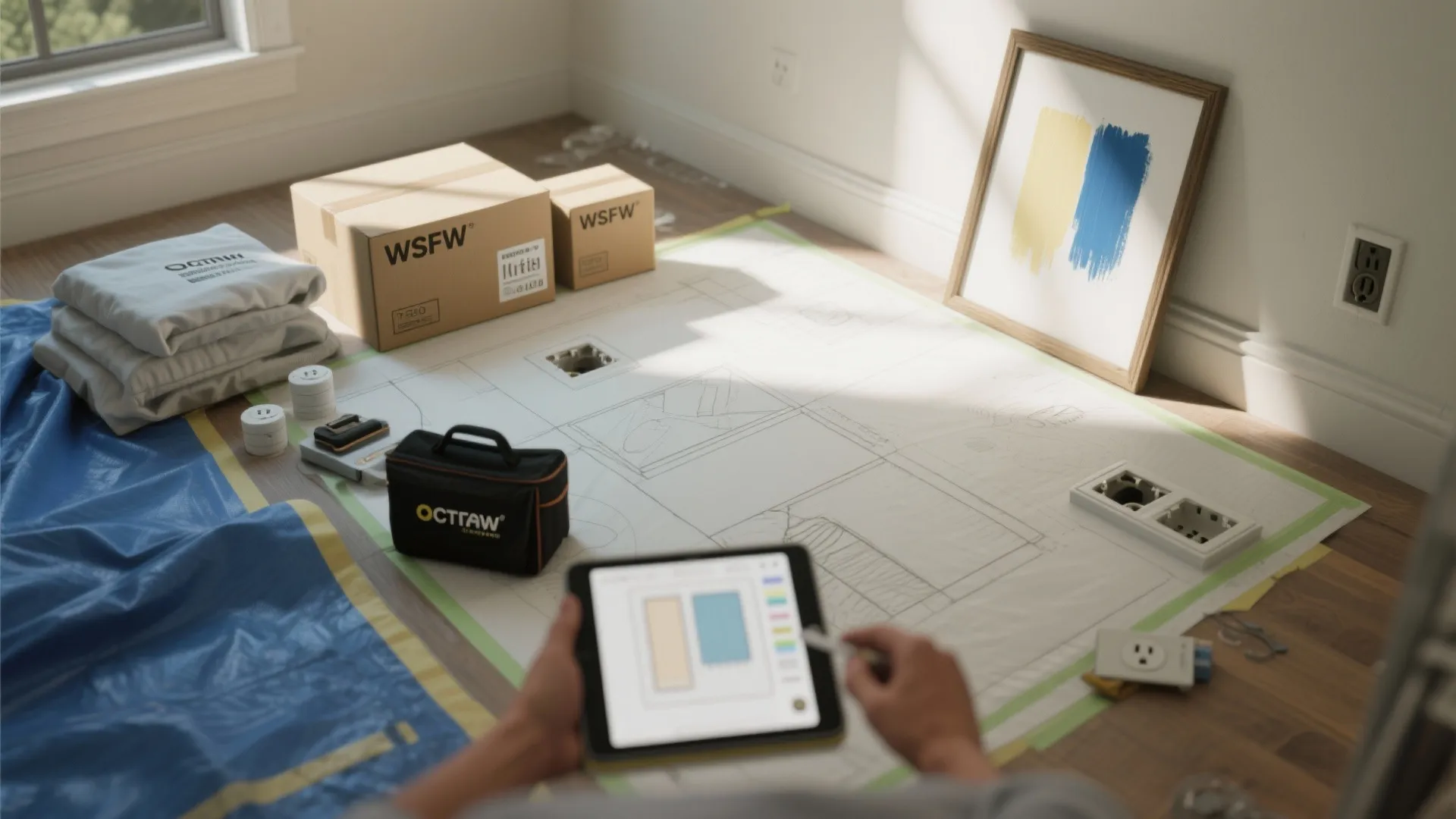 Person using tablet to plan home renovation with boxes and floor plan on wooden floor