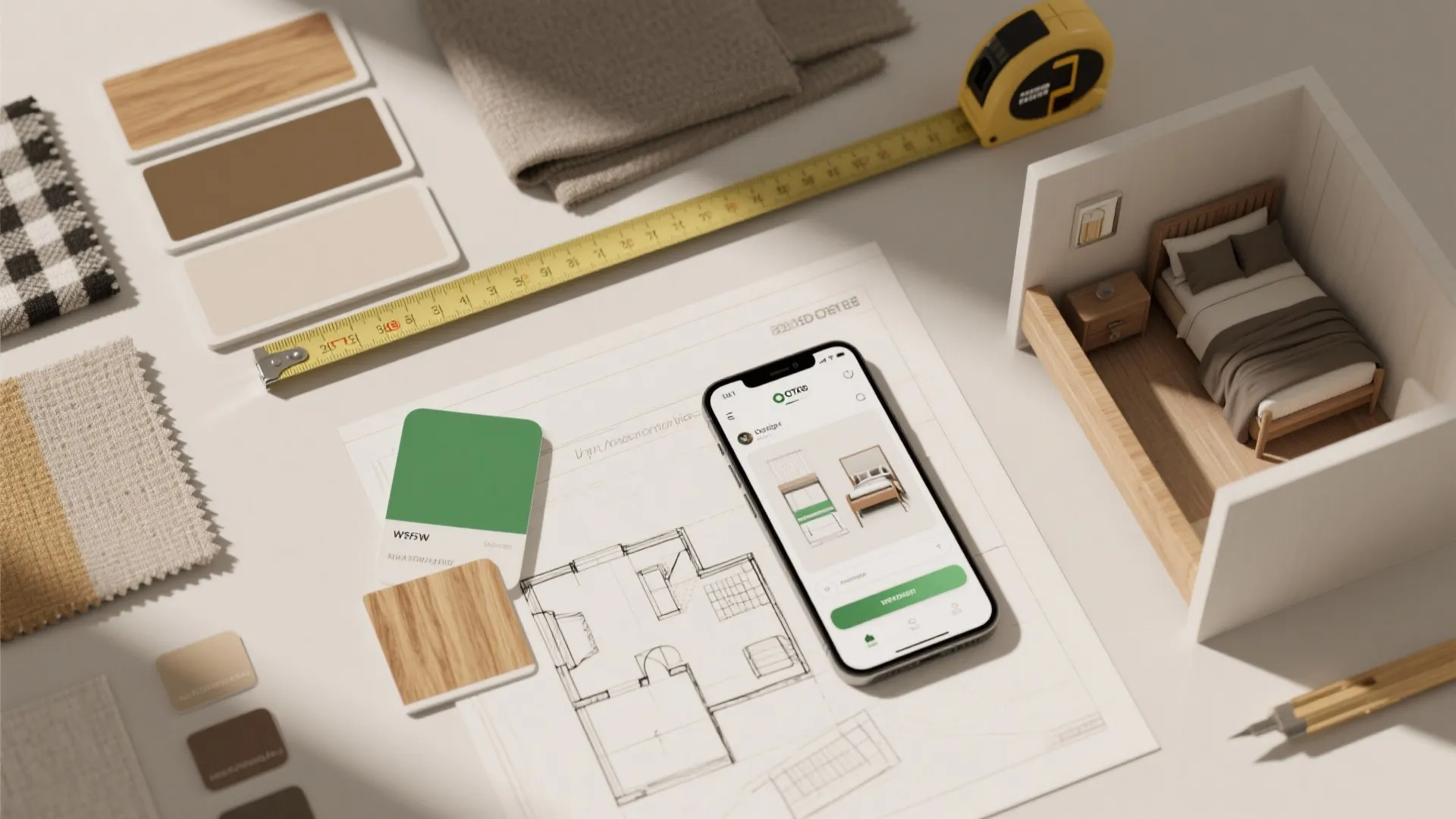 Interior design floor plan with color samples and yellow tape measure plus small room model display
