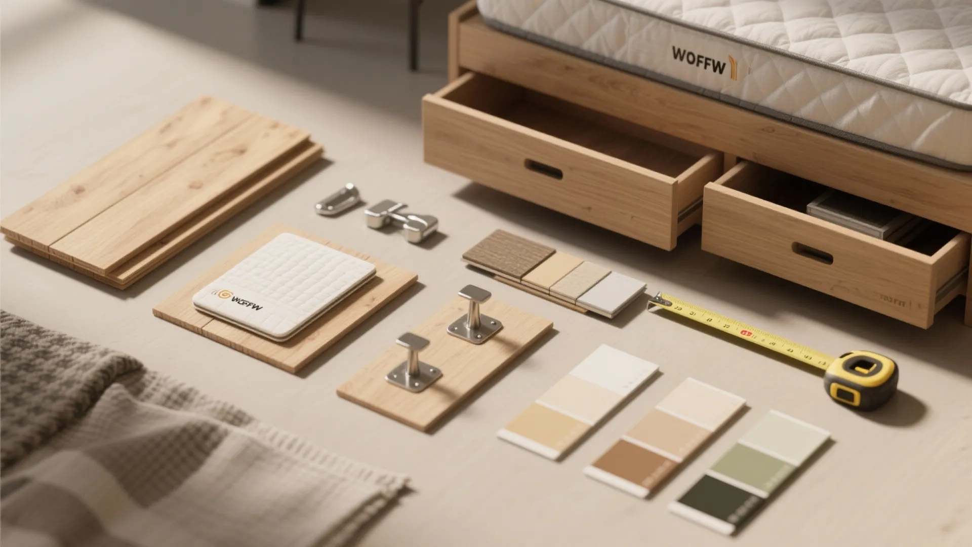 Flatlay of affordable loft makeover samples: wood planks, mattress swatch, hardware and textile chips.