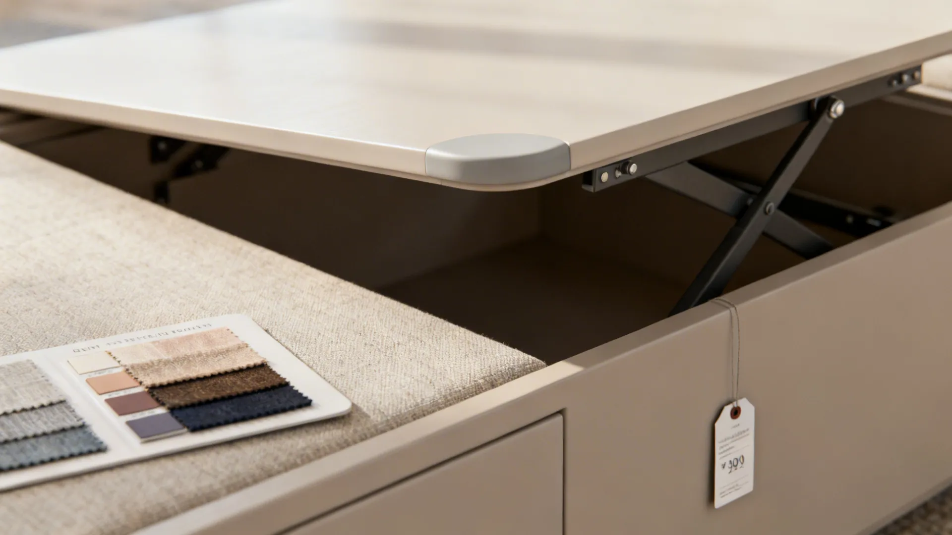 Samples of finishes and mechanisms showing budget and safety details for coffee tables