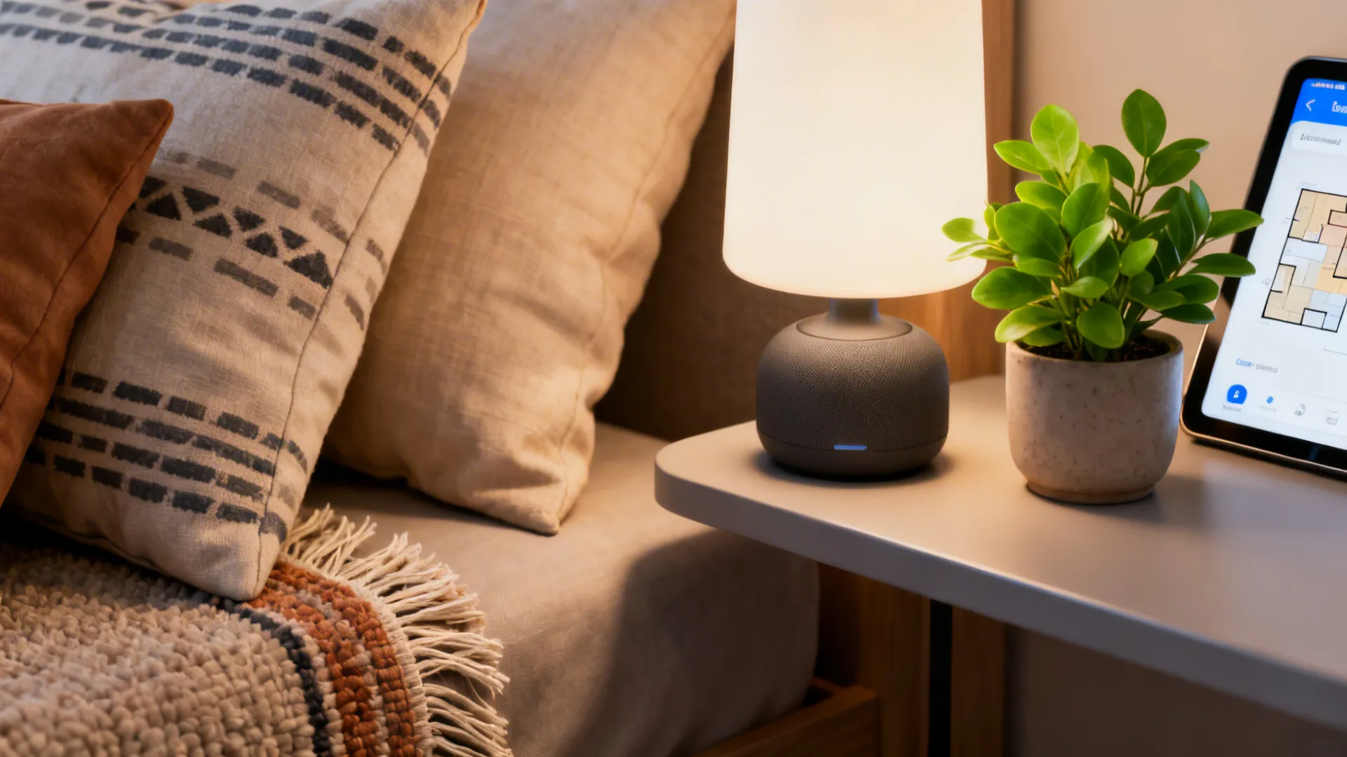 Close-up of budget-friendly decor items like pillows, lamp and a tablet showing a room planner