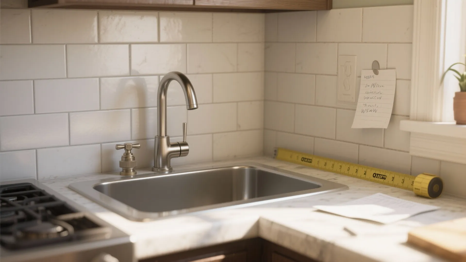 Modern kitchen sink with stainless steel faucet and yellow measuring tape on marble white countertop