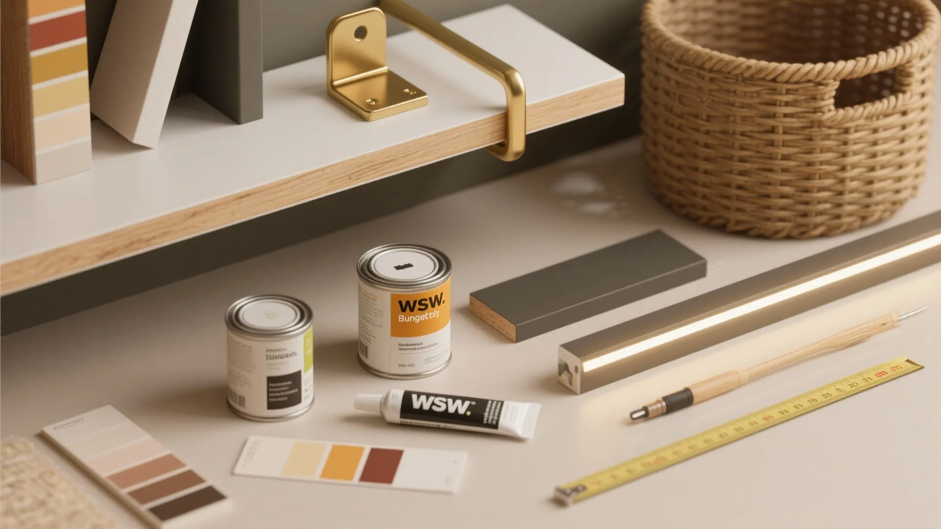 Interior renovation flatlay with paint cans, color swatches, wooden shelf, basket, and home improvement tools