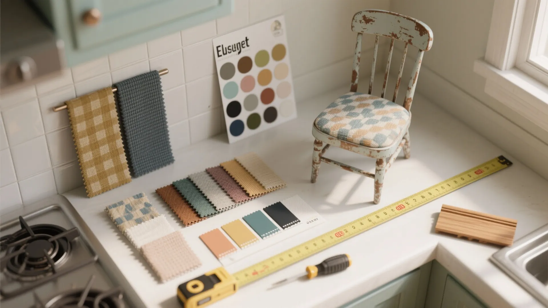 Flatlay of fabric swatches, peel-and-stick backsplash sample, measuring tape and small tools for budget kitchen upgrades