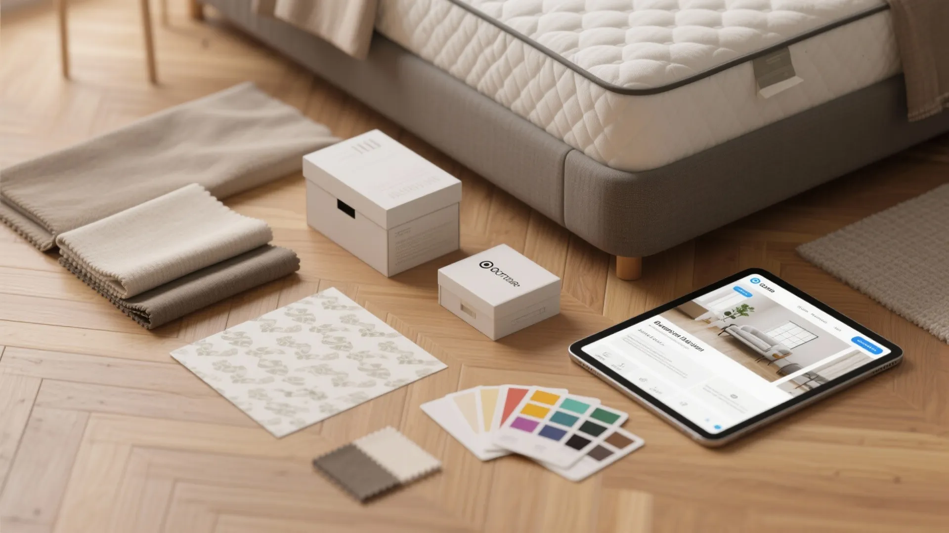 Fabric samples and color palettes on wooden floor next to a bed and digital tablet
