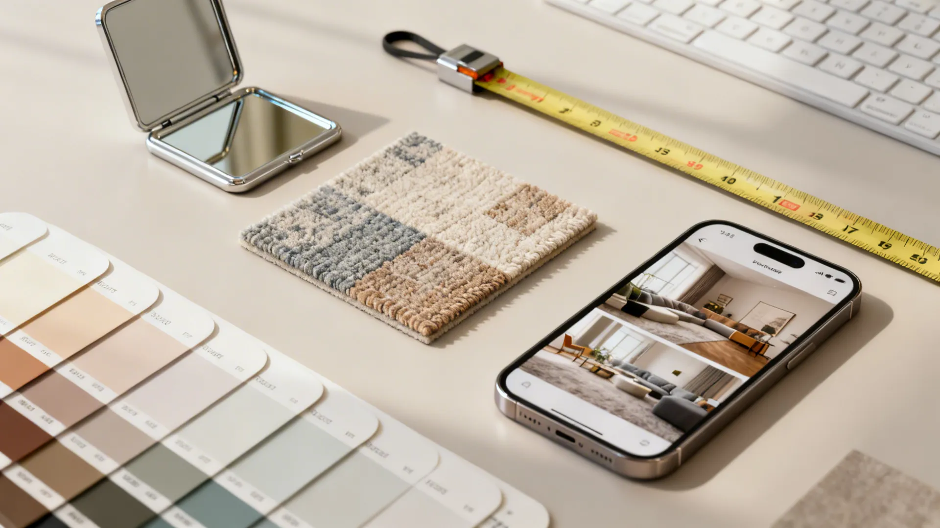 Flatlay of budget-friendly samples: rug swatch, mirror tile, paint cards, measuring tape, and phone with room photos.