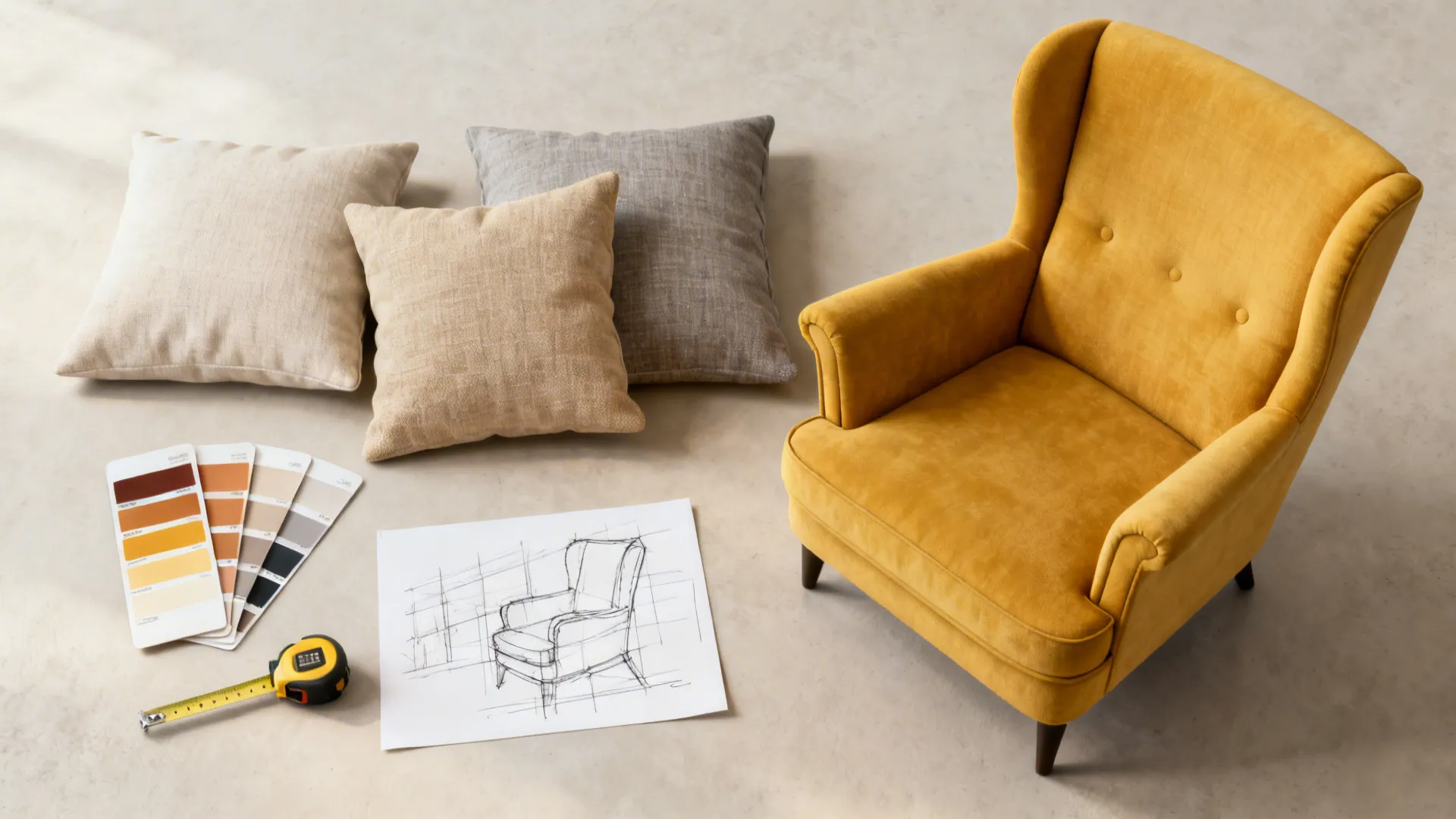 Yellow sofa chair near pillows and interior design drawing with color samples and a tape measure