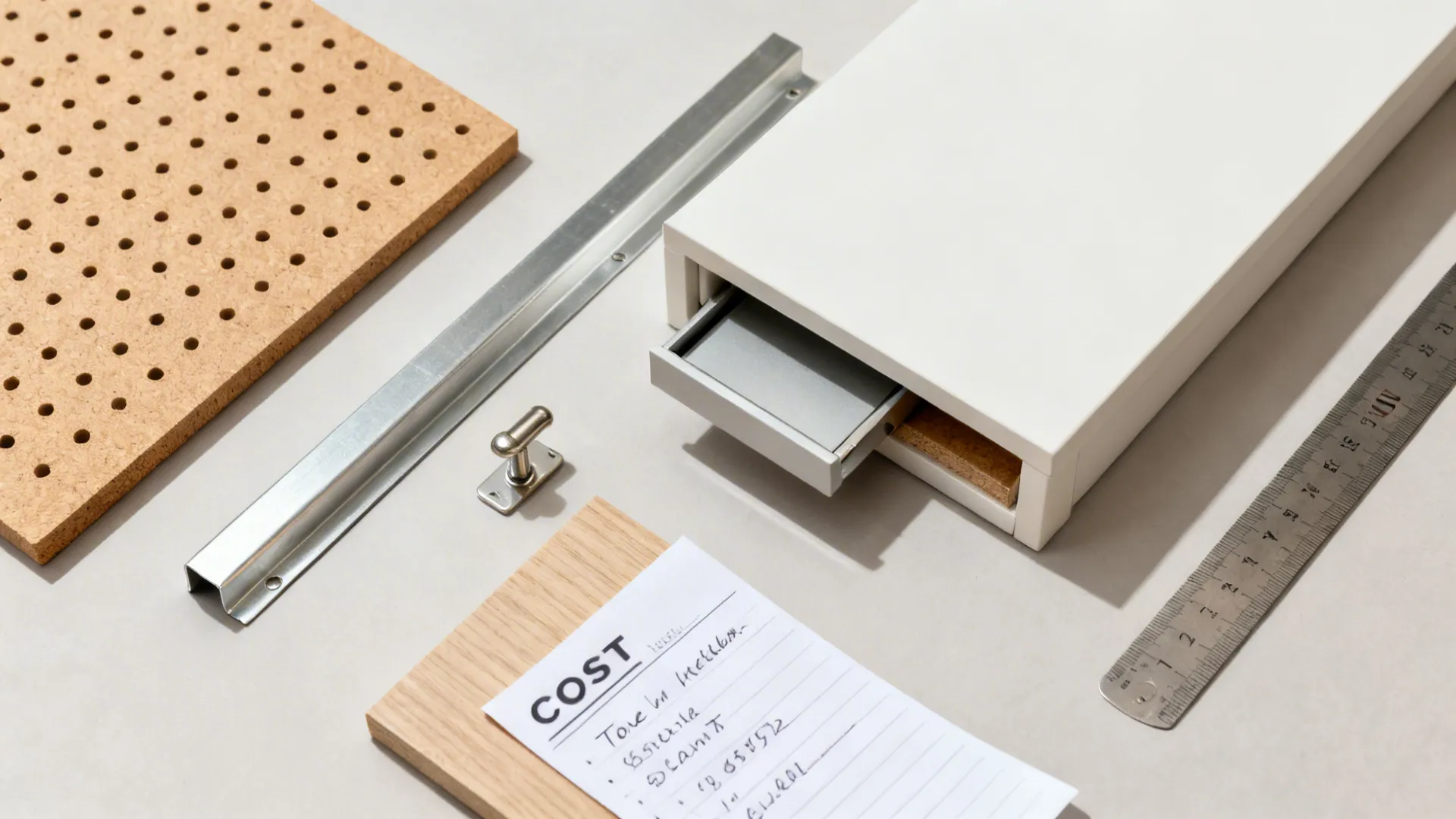 Flatlay of DIY pegboard sample, magnetic strip and hardware samples for small kitchen upgrades.