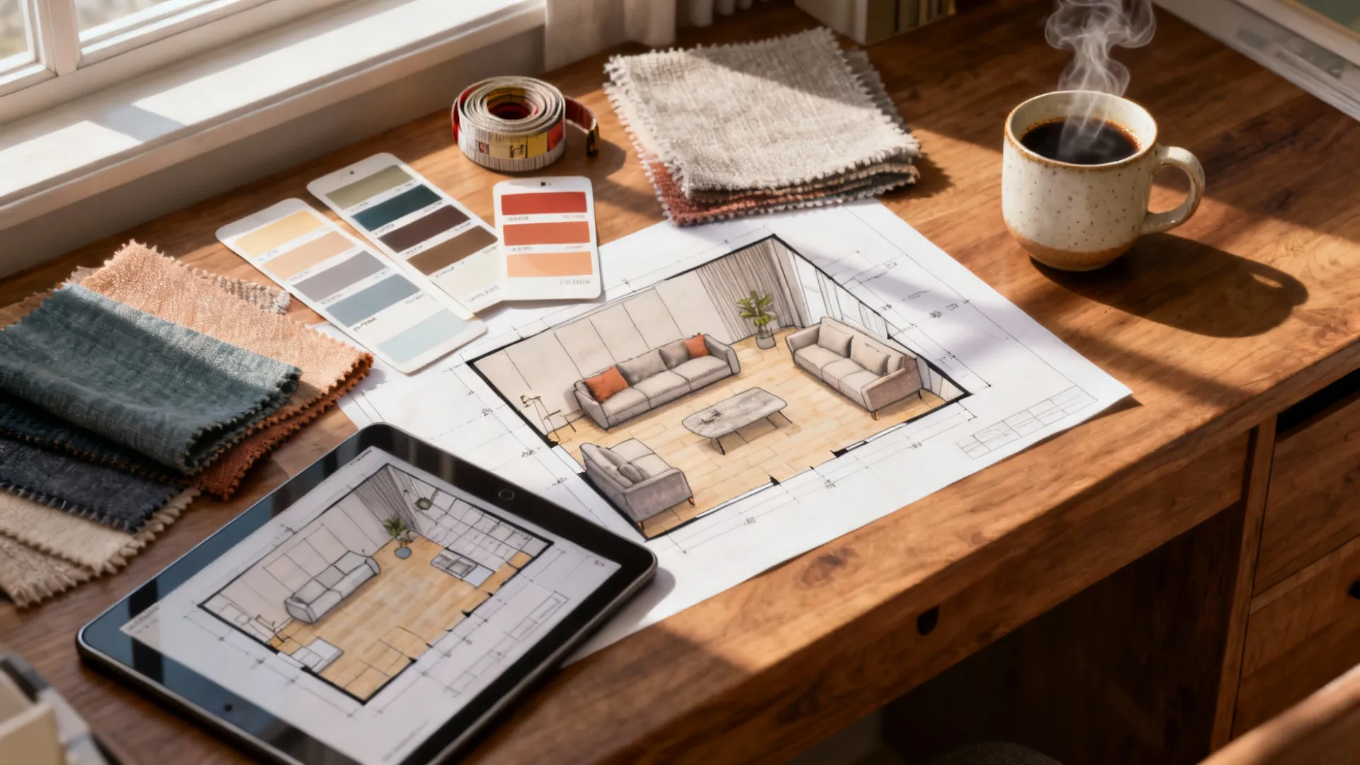 Wooden desk with paper floor plan, tablet showing room design, color swatches, and coffee cup