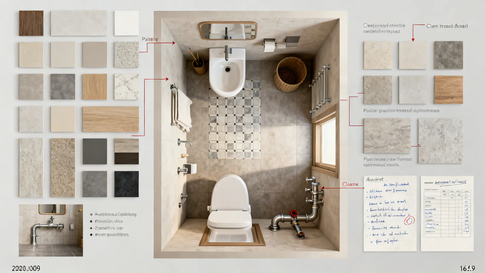 Top-down renovation moodboard showing staged upgrades and budget-focused layout for a small bathroom