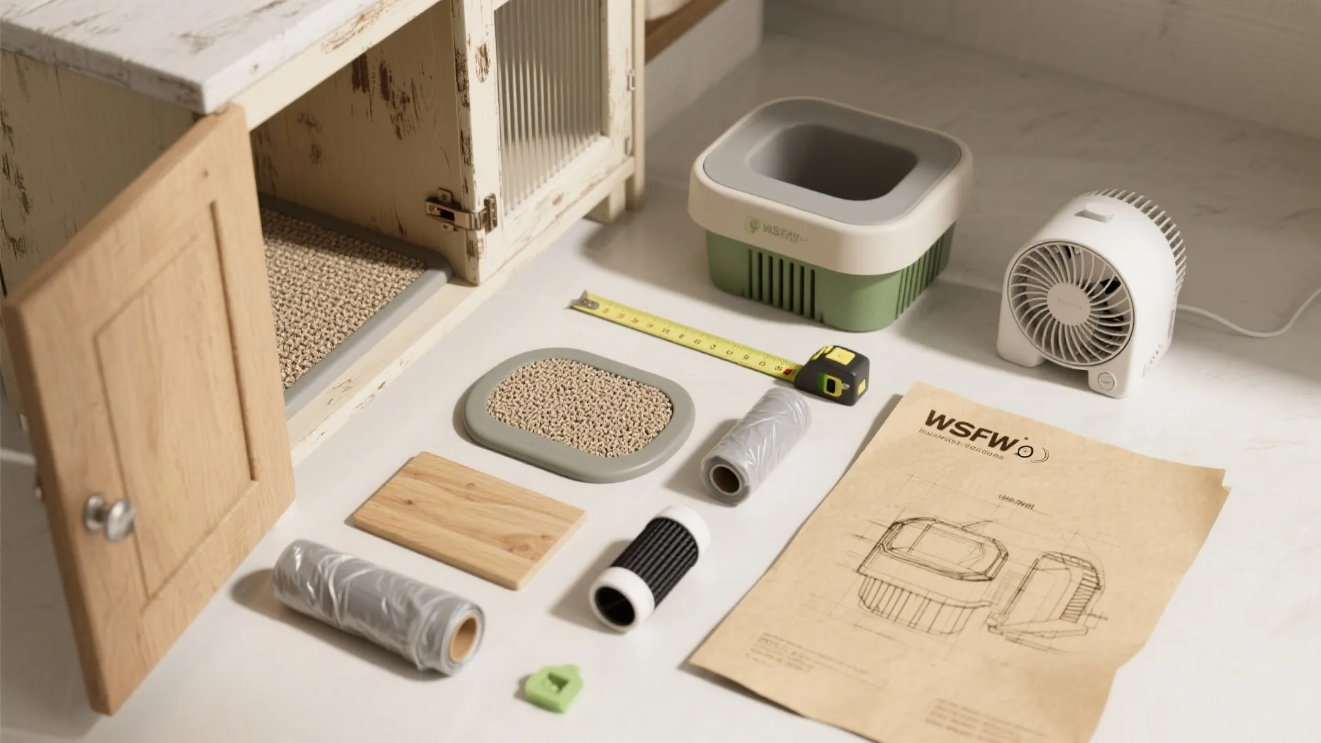 Flatlay of DIY materials: cabinet parts, measuring tape, mat, liner, and a carbon filter for compact litter solutions.