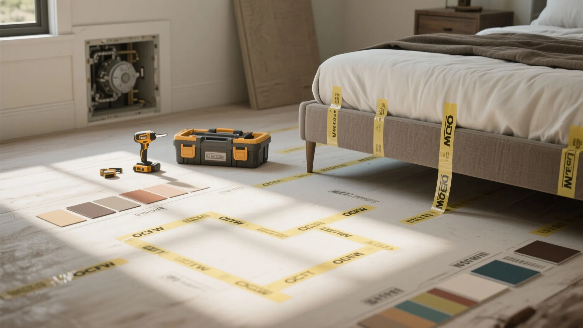Painter's tape marking bed footprint and circulation, with finish swatches and toolkit for remodel planning.
