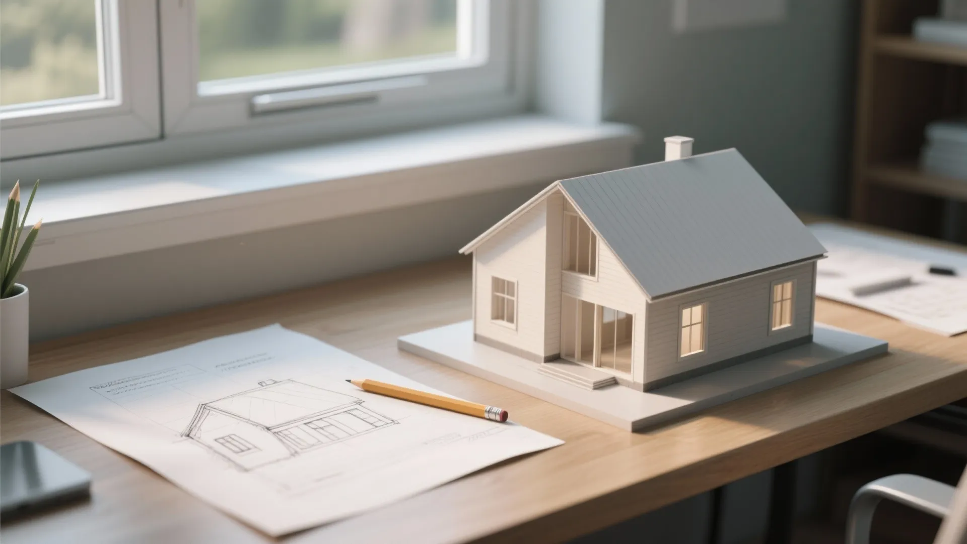 Close-up of simple roofline sketch, standardized window sample and compact massing model illustrating budget strategies