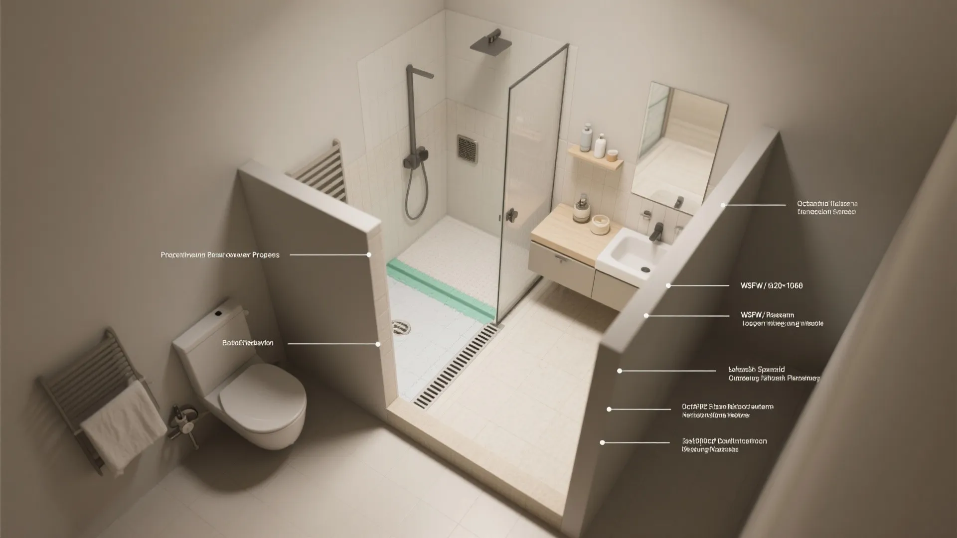 Interior design drawing of a bathroom with shower glass door toilet and labeled wall parts