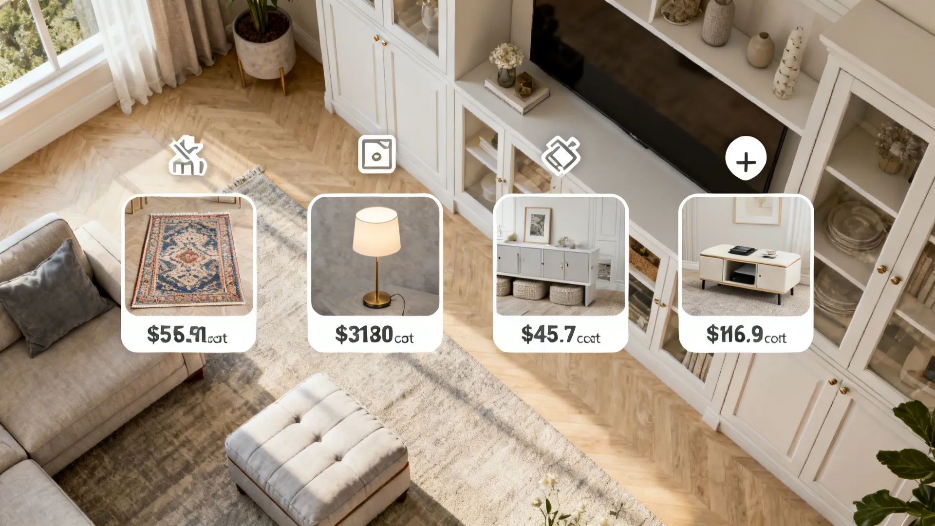 Top-down graphic of budget-friendly small living room updates: rug, lamp, ottoman and built-ins.
