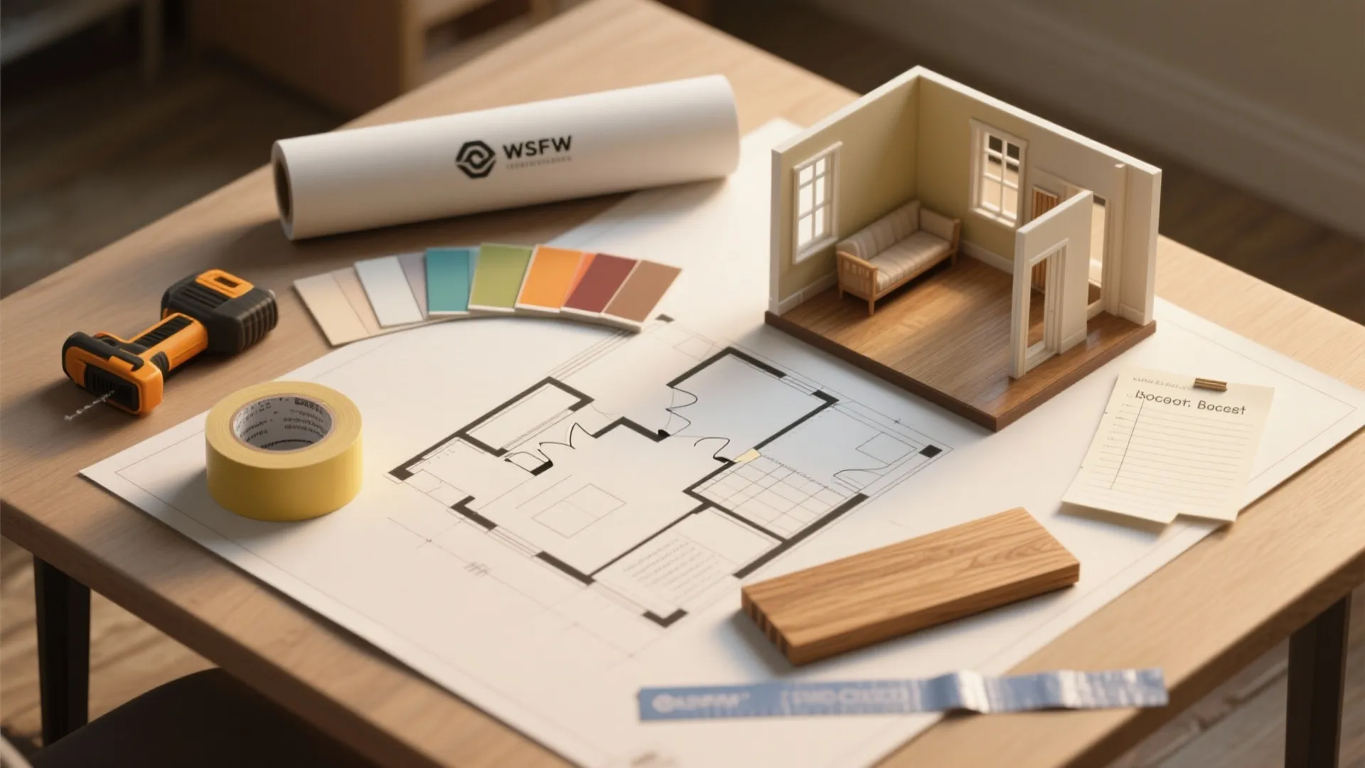 Desk flatlay with floorplan mock-up, material swatches and tape outlines for renovation planning.