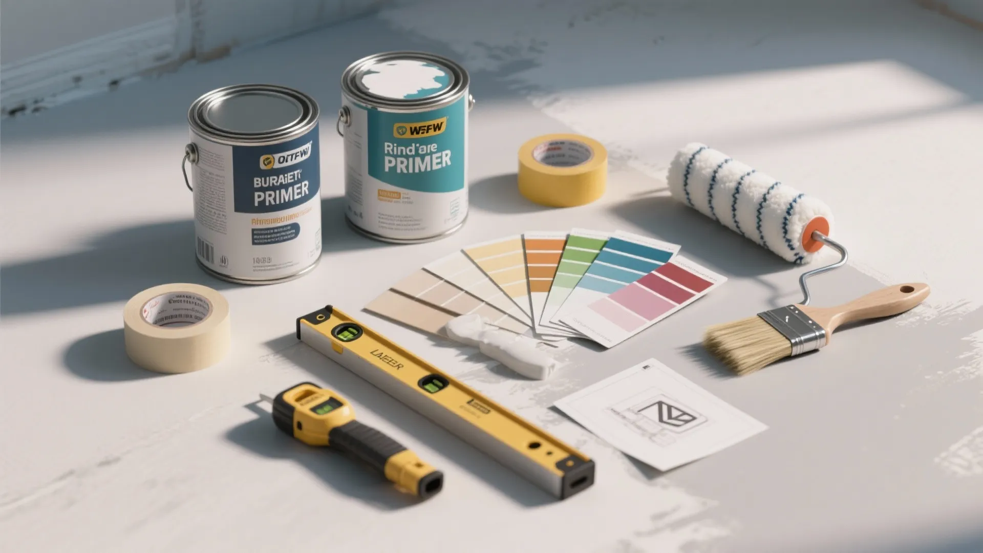 Flatlay of paint cans, primer, brushes, swatches and a laser level for budget painting tips.